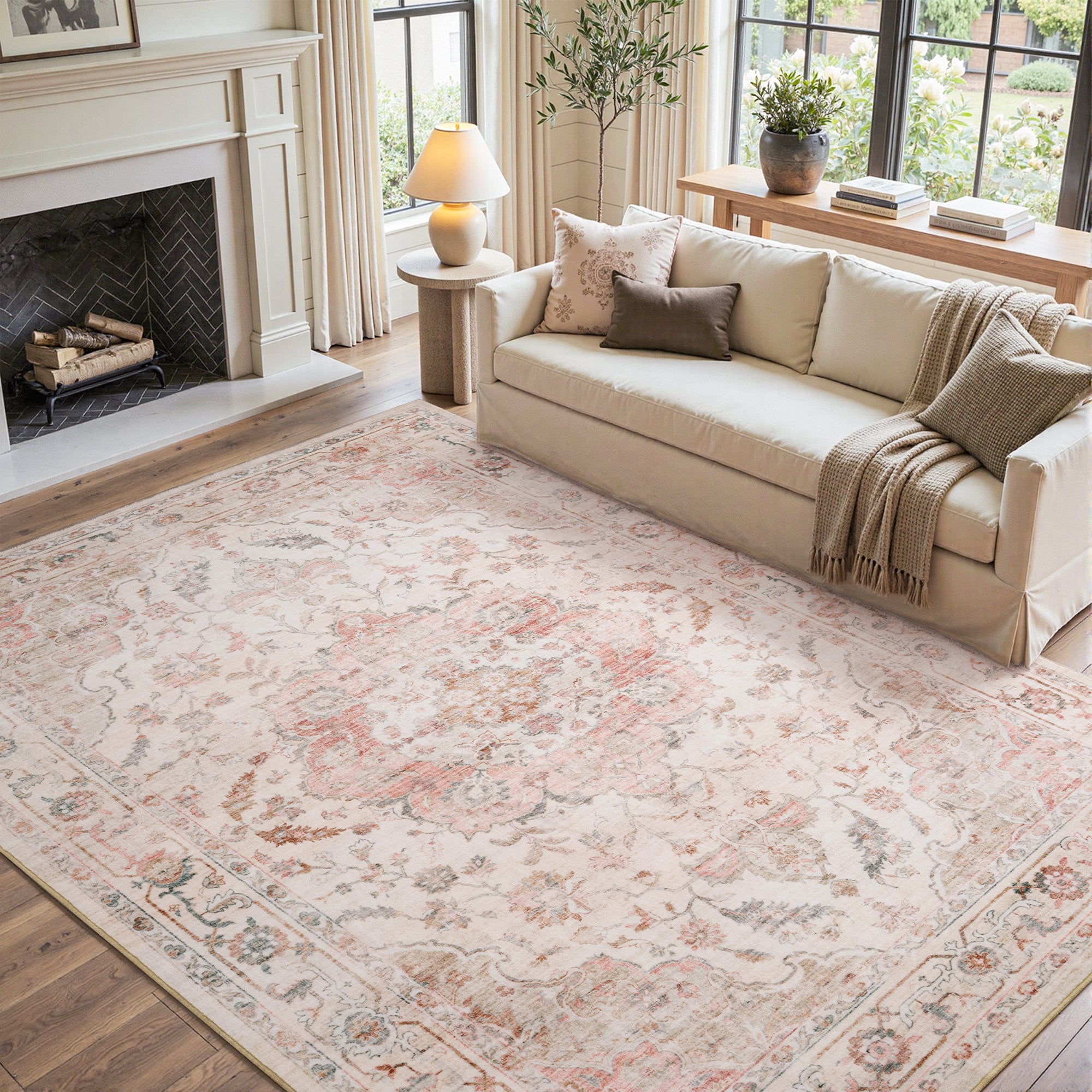 MontVoo Vintage Floral Medallion Washable Rug Pink