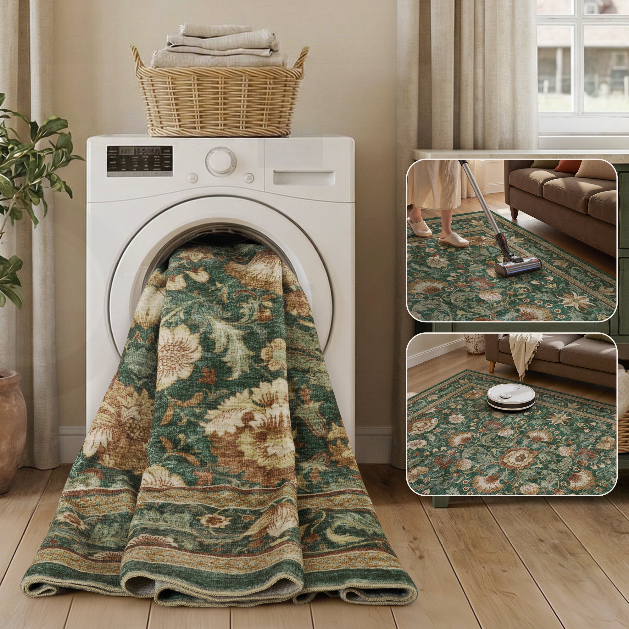 MontVoo Vintage Floral Washable Rug Green
