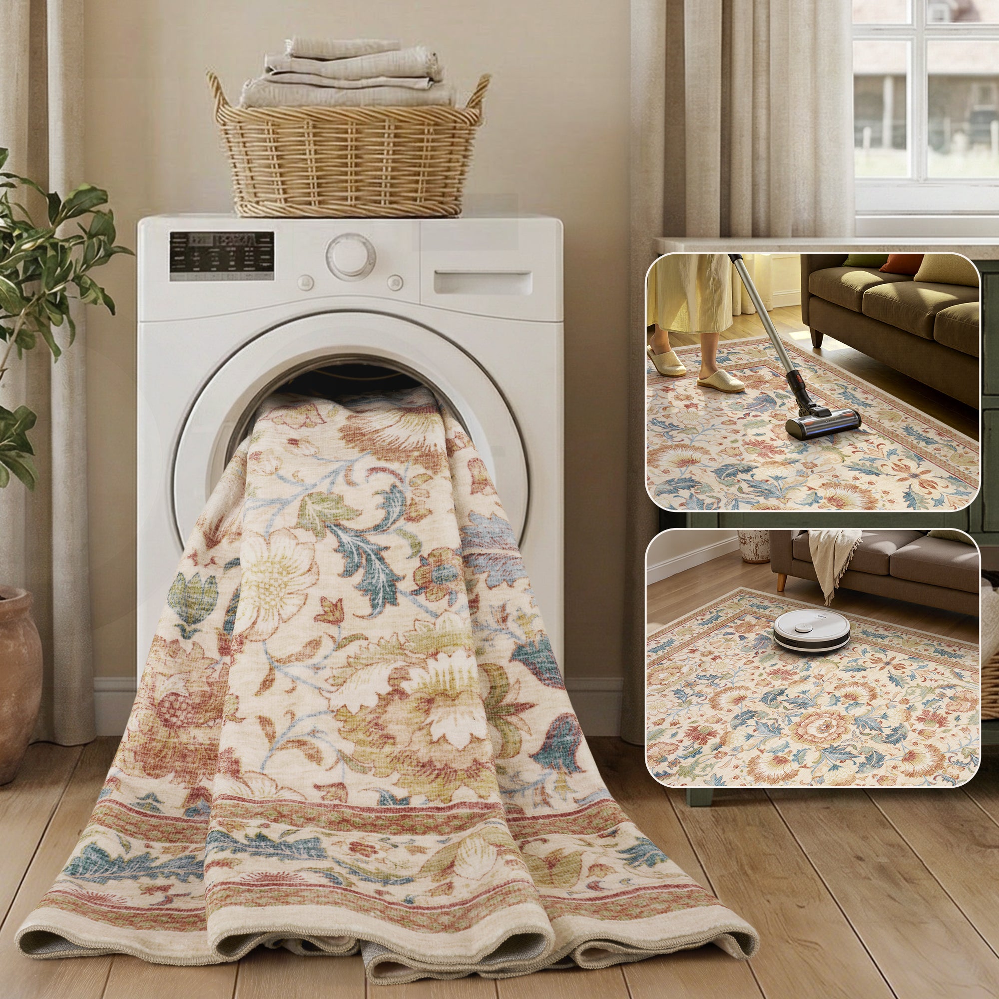 MontVoo Vintage Floral Washable Rug Green