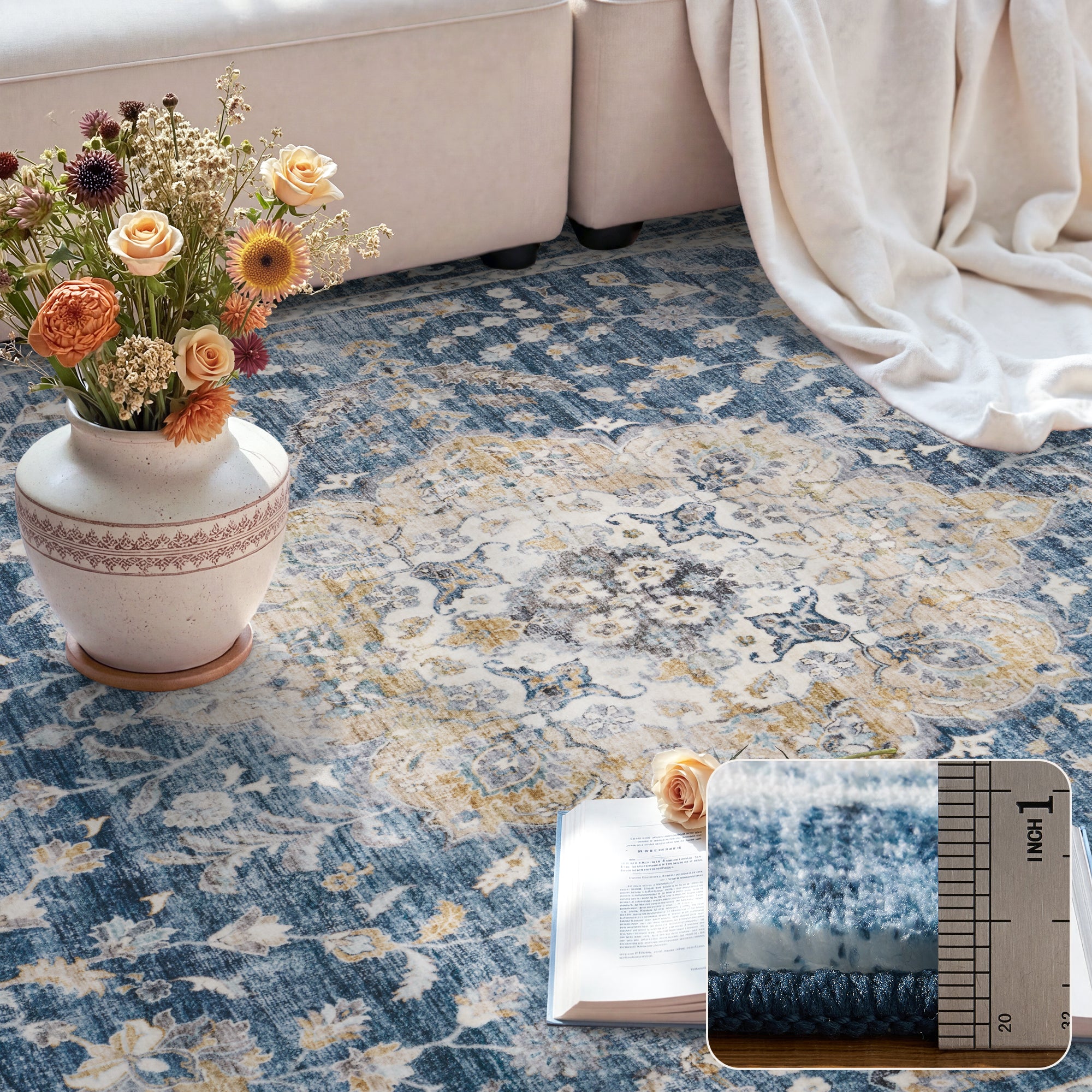 MontVoo Vintage Floral Medallion Washable Rug Blue