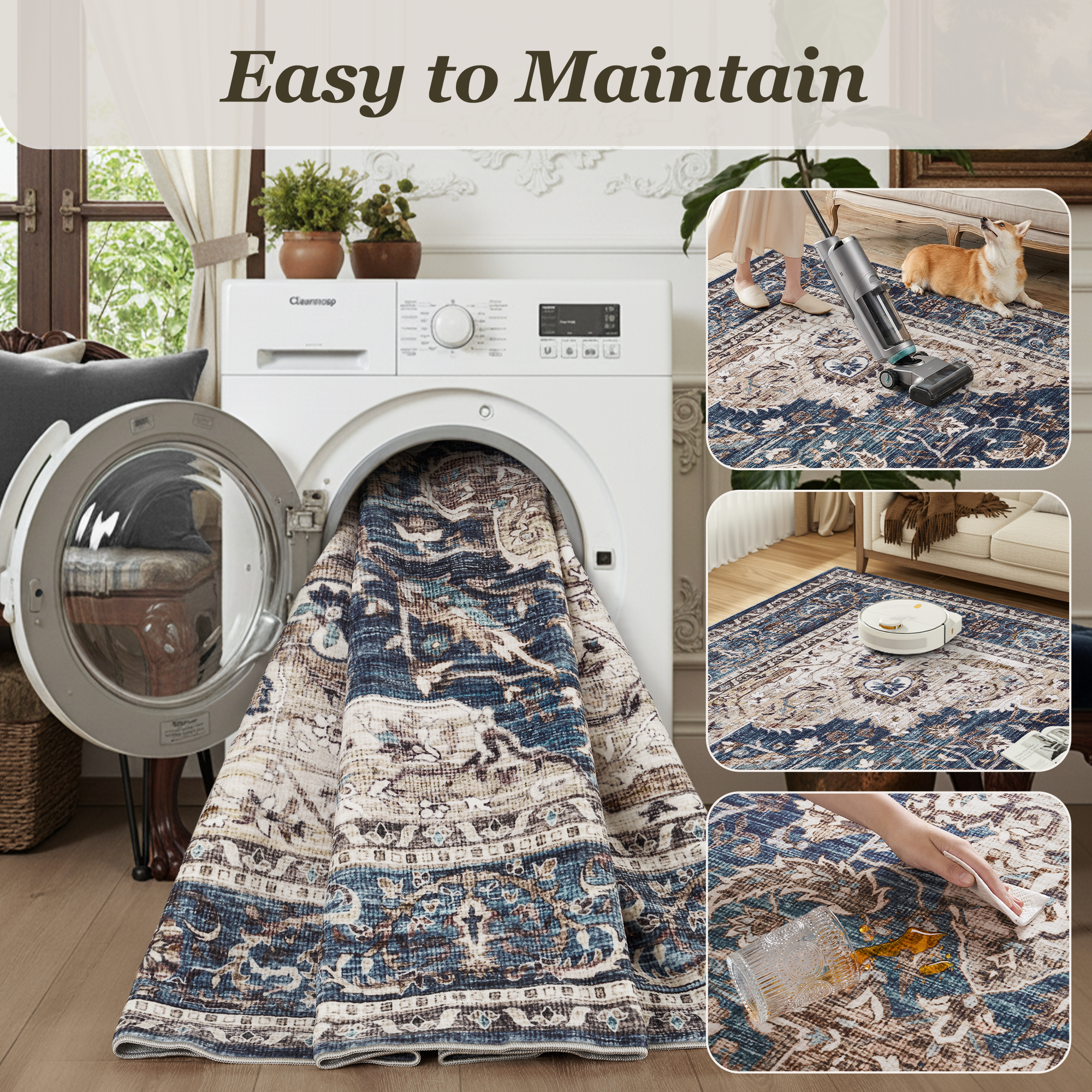 MontVoo Vintage Medallion Non-Slip Washable Rug Blue