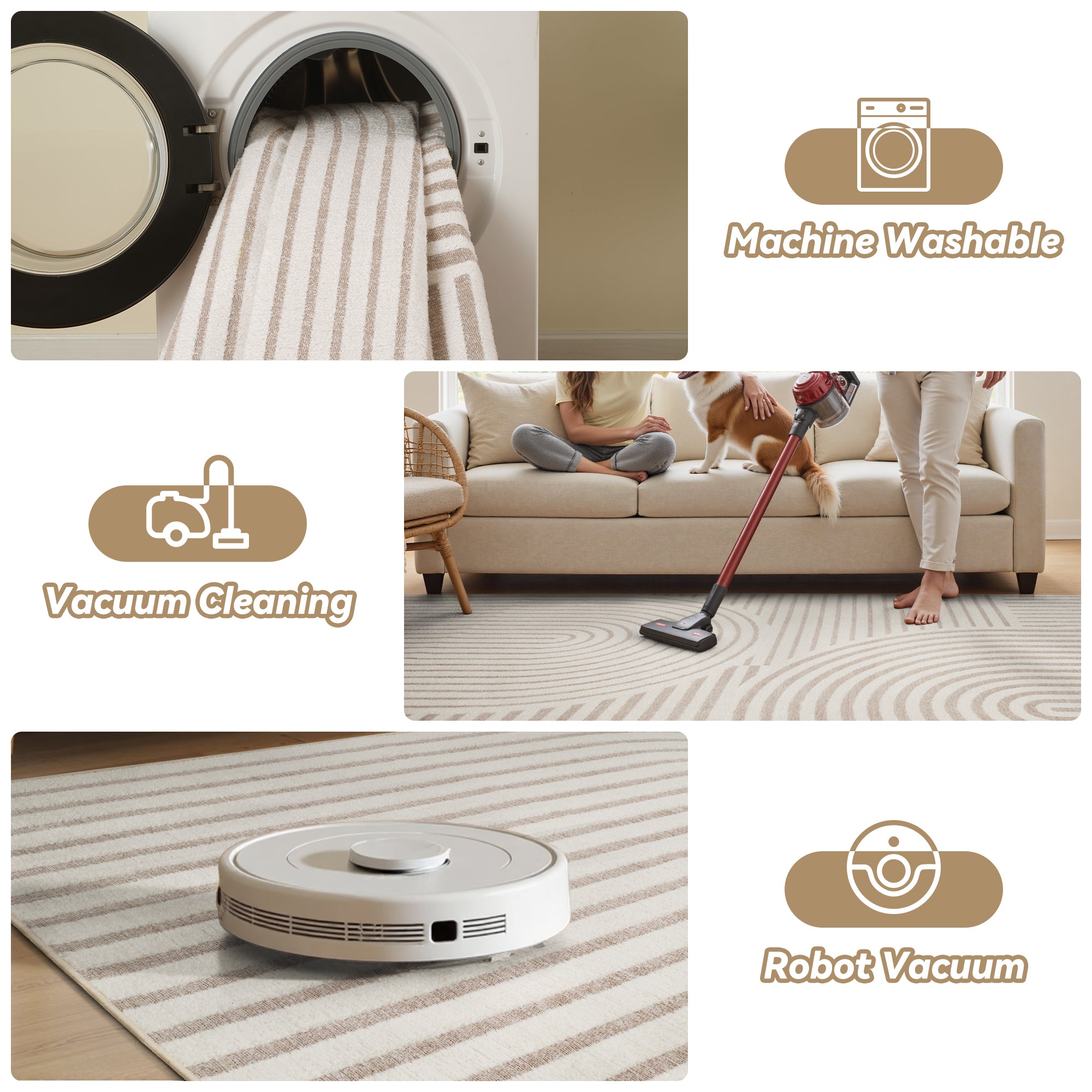 MontVoo Modern Geometric High-Low Beige Washable Area Rug
