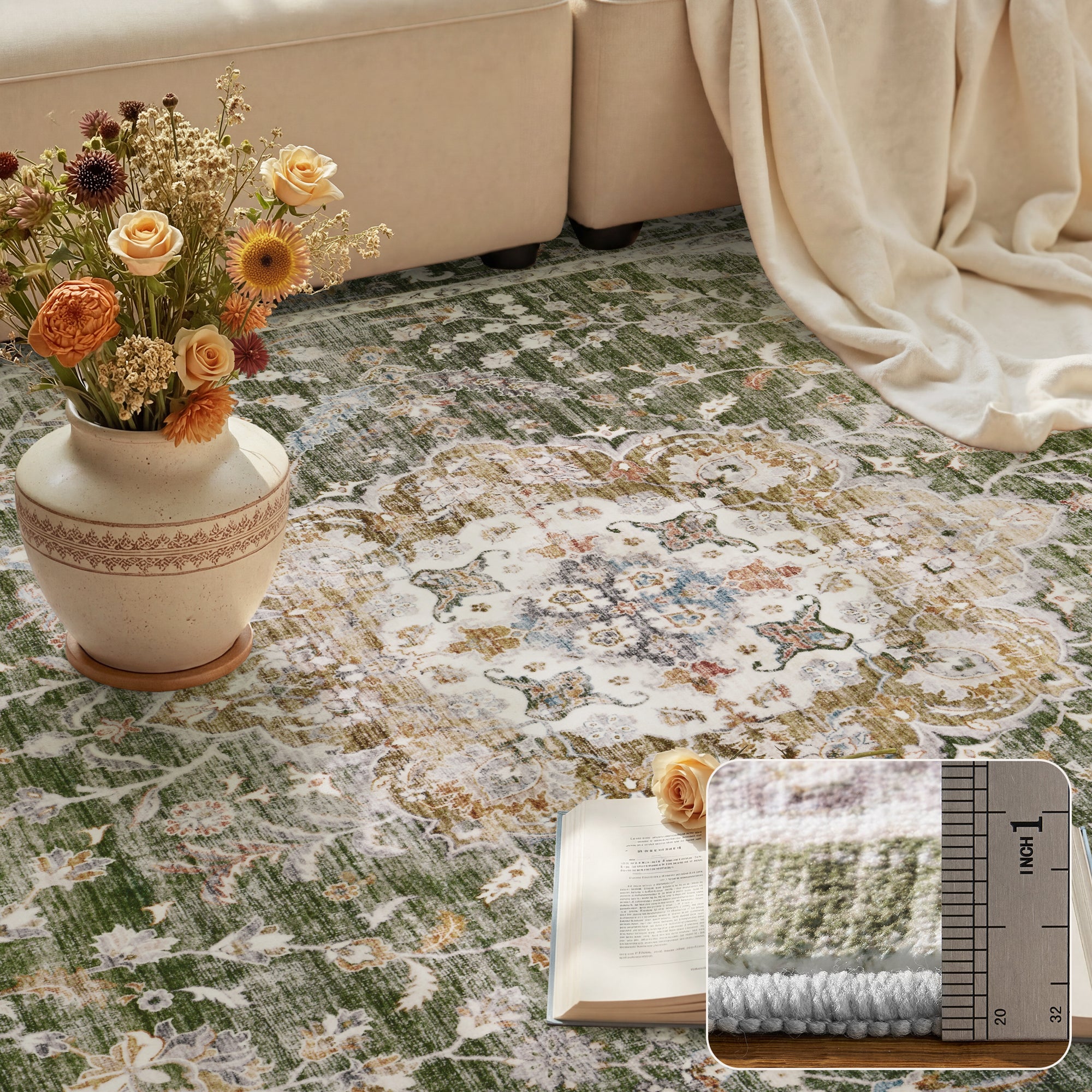 MontVoo Vintage Floral Medallion Washable Rug Green