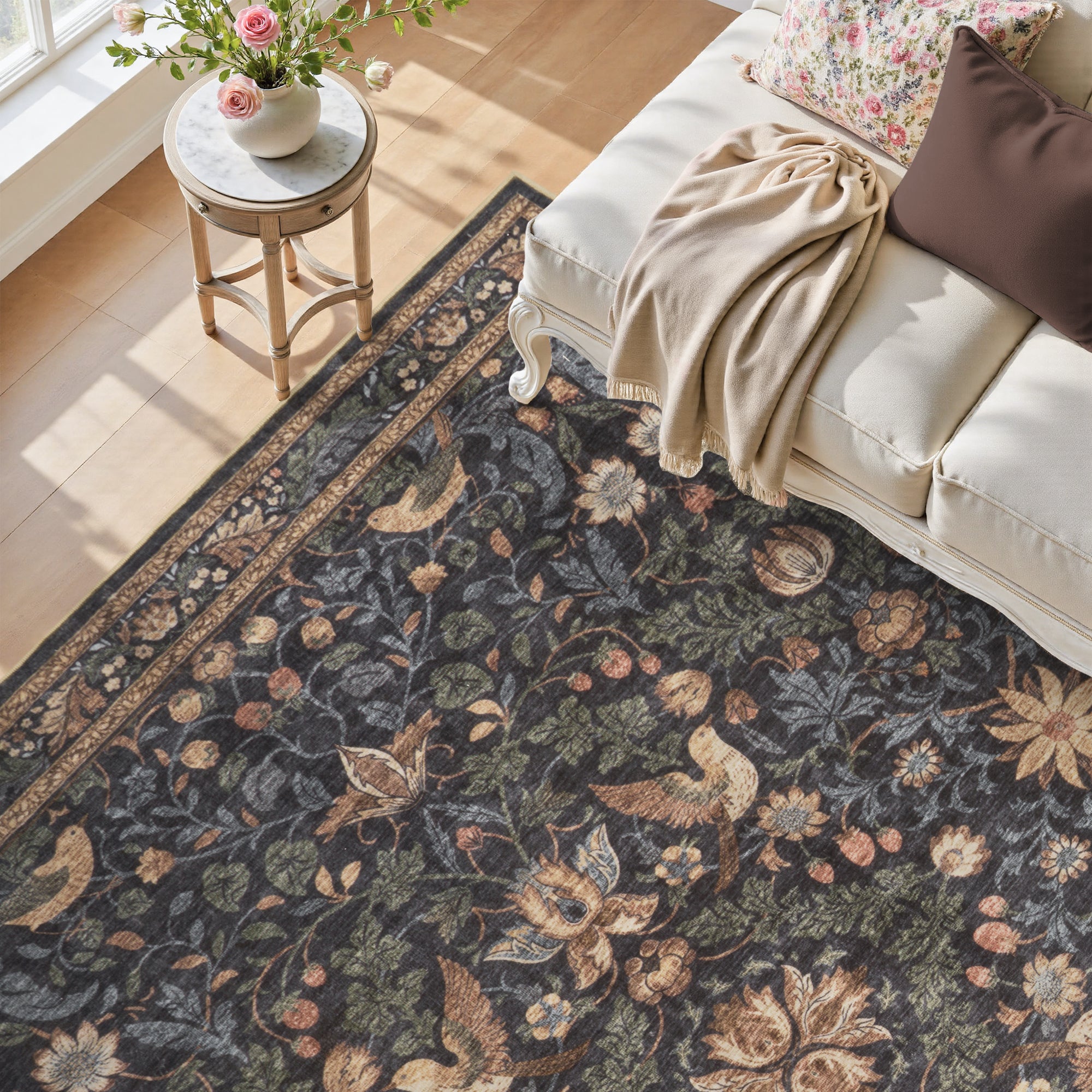 MontVoo Vintage Floral Washable Rug Charcoal