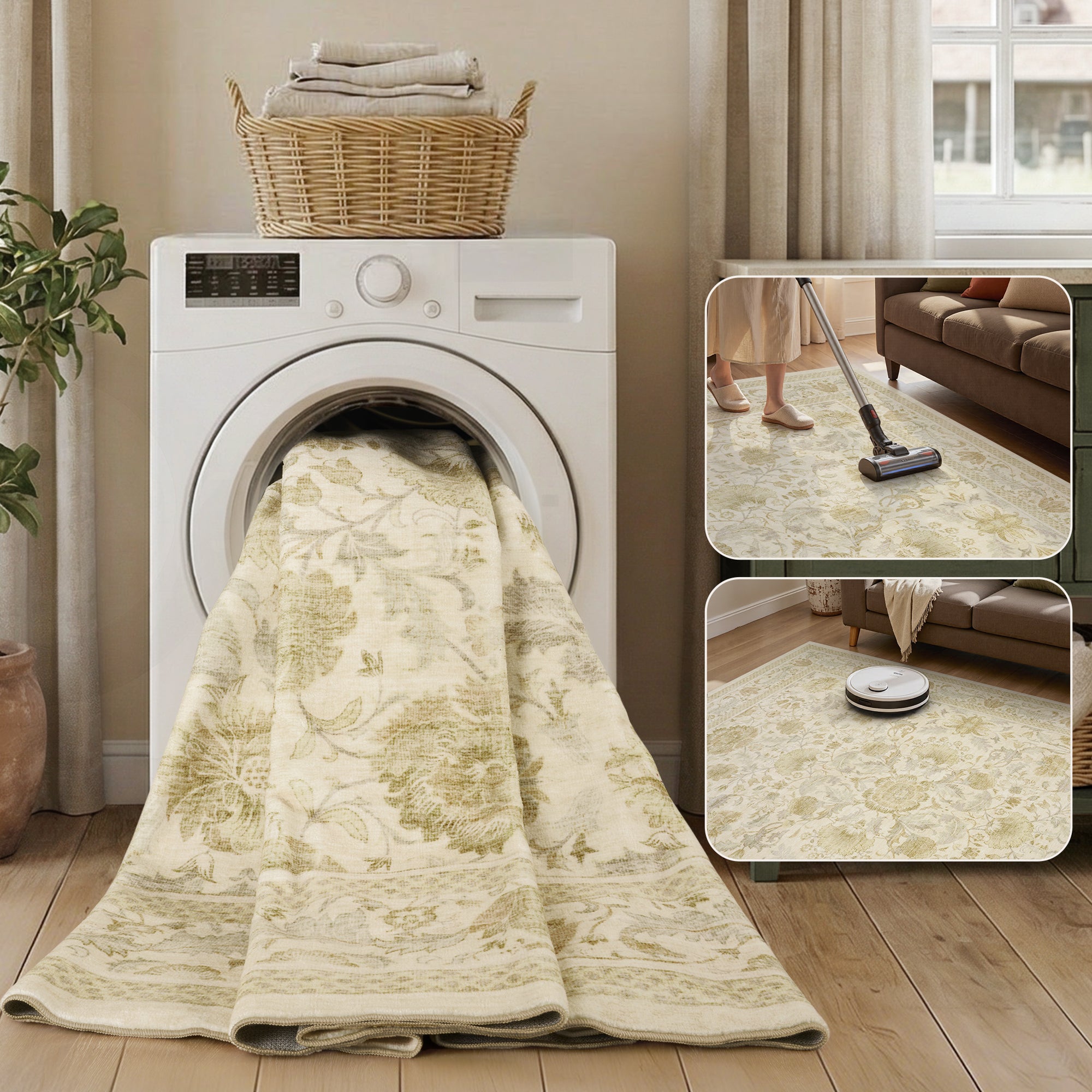 MontVoo Vintage Floral Washable Rug Gold