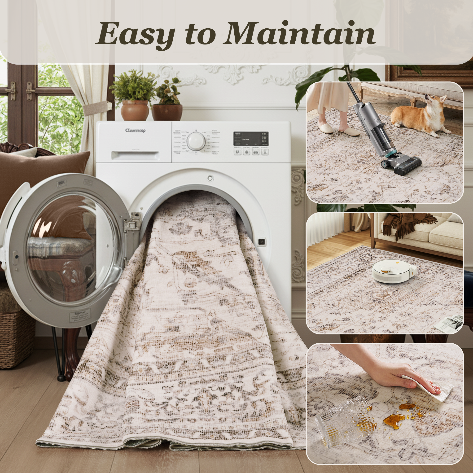 MontVoo Vintage Medallion Non-Slip Washable Rug Beige