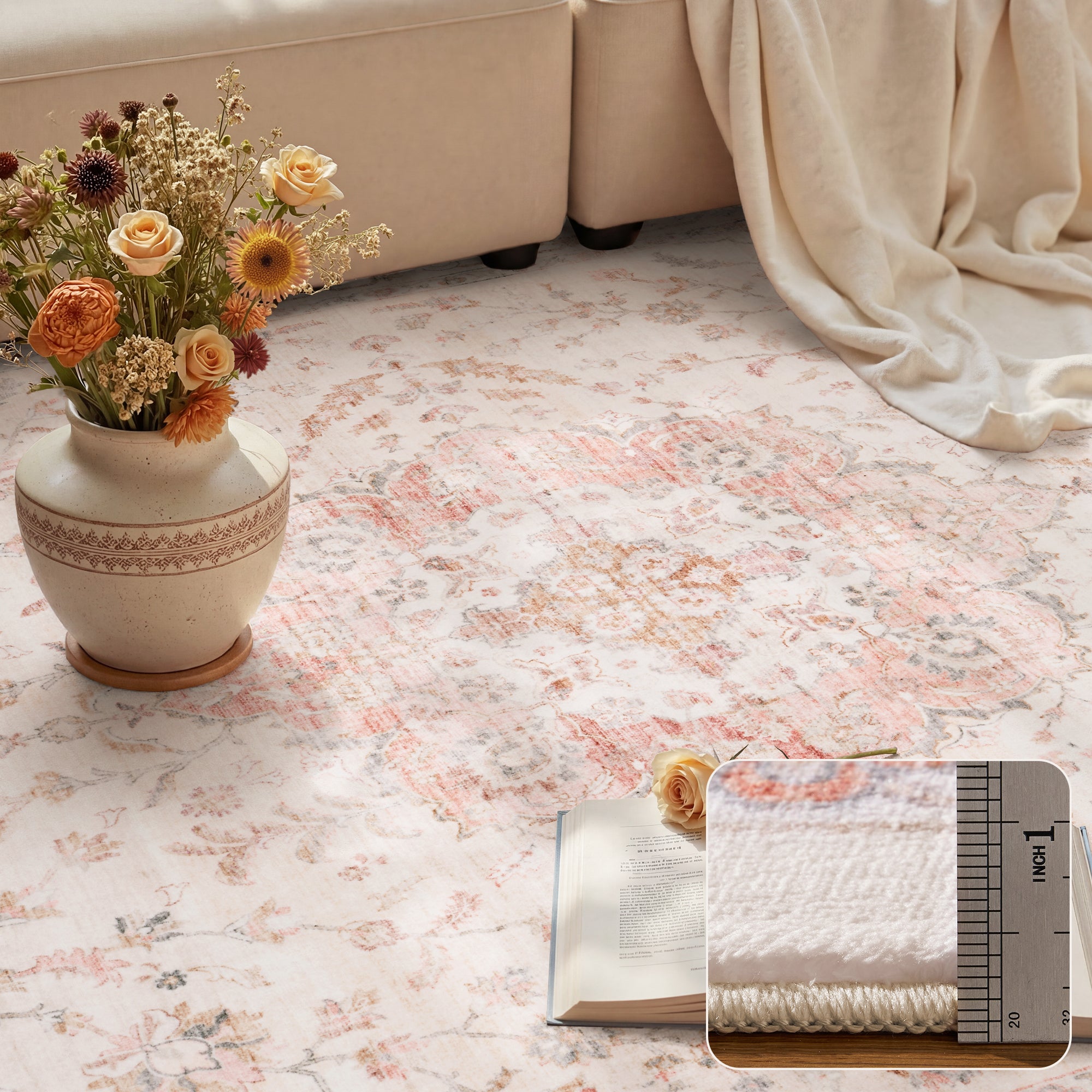 MontVoo Vintage Floral Medallion Washable Rug Pink