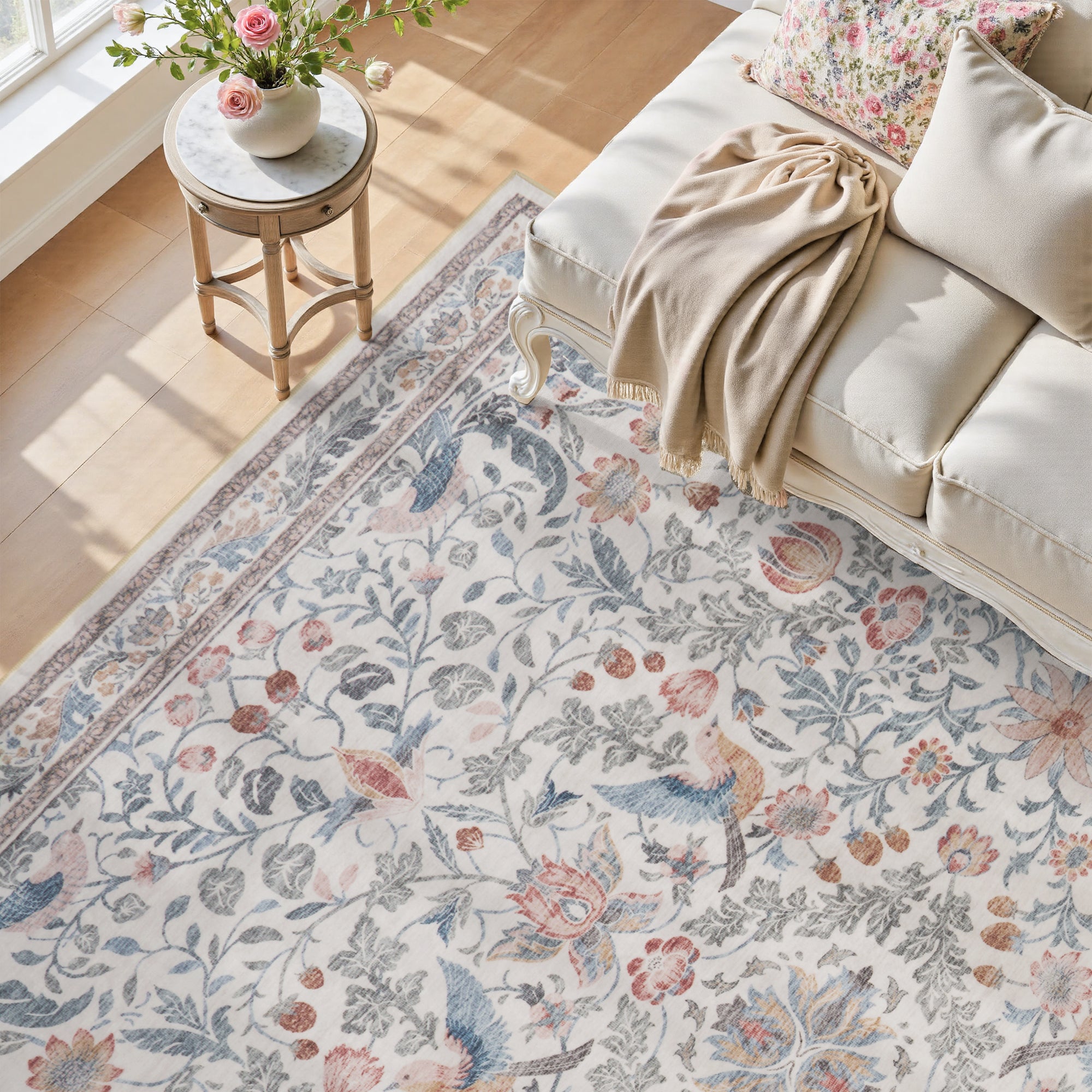 MontVoo Vintage Floral Washable Rug Beige
