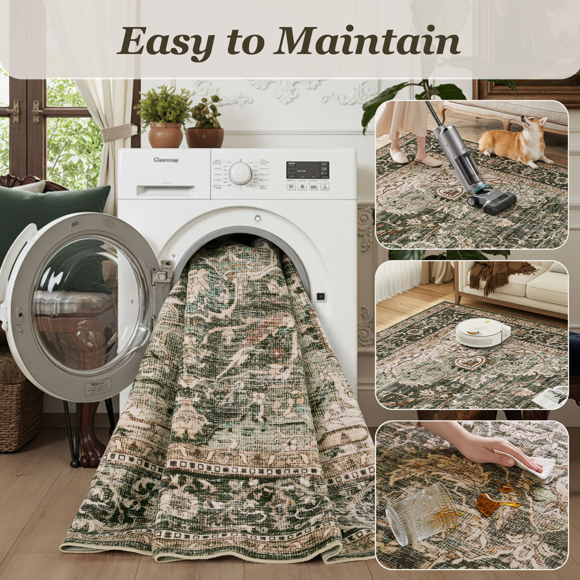 MontVoo Vintage Medallion Non-Slip Washable Rug Green