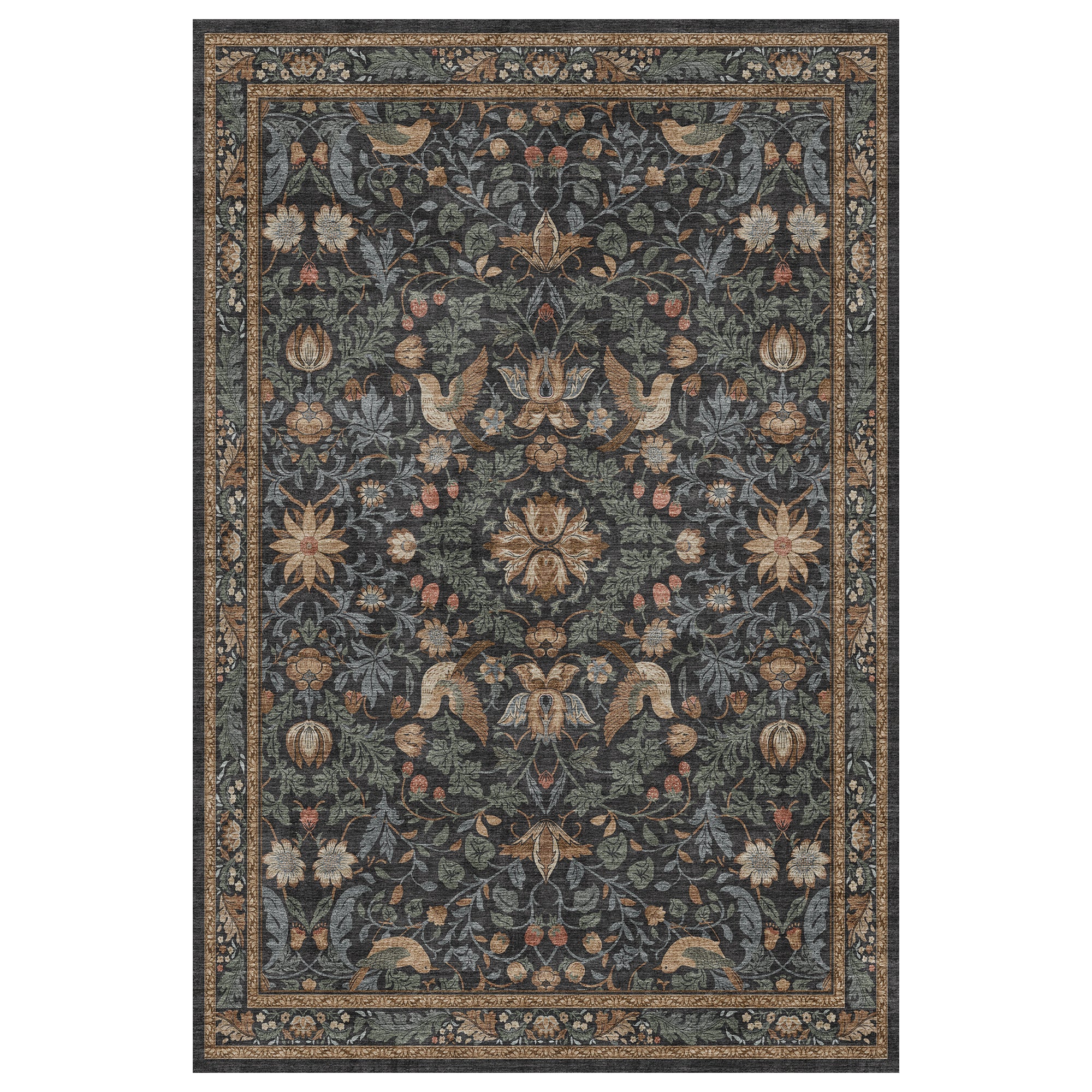 MontVoo Vintage Floral Washable Rug Charcoal