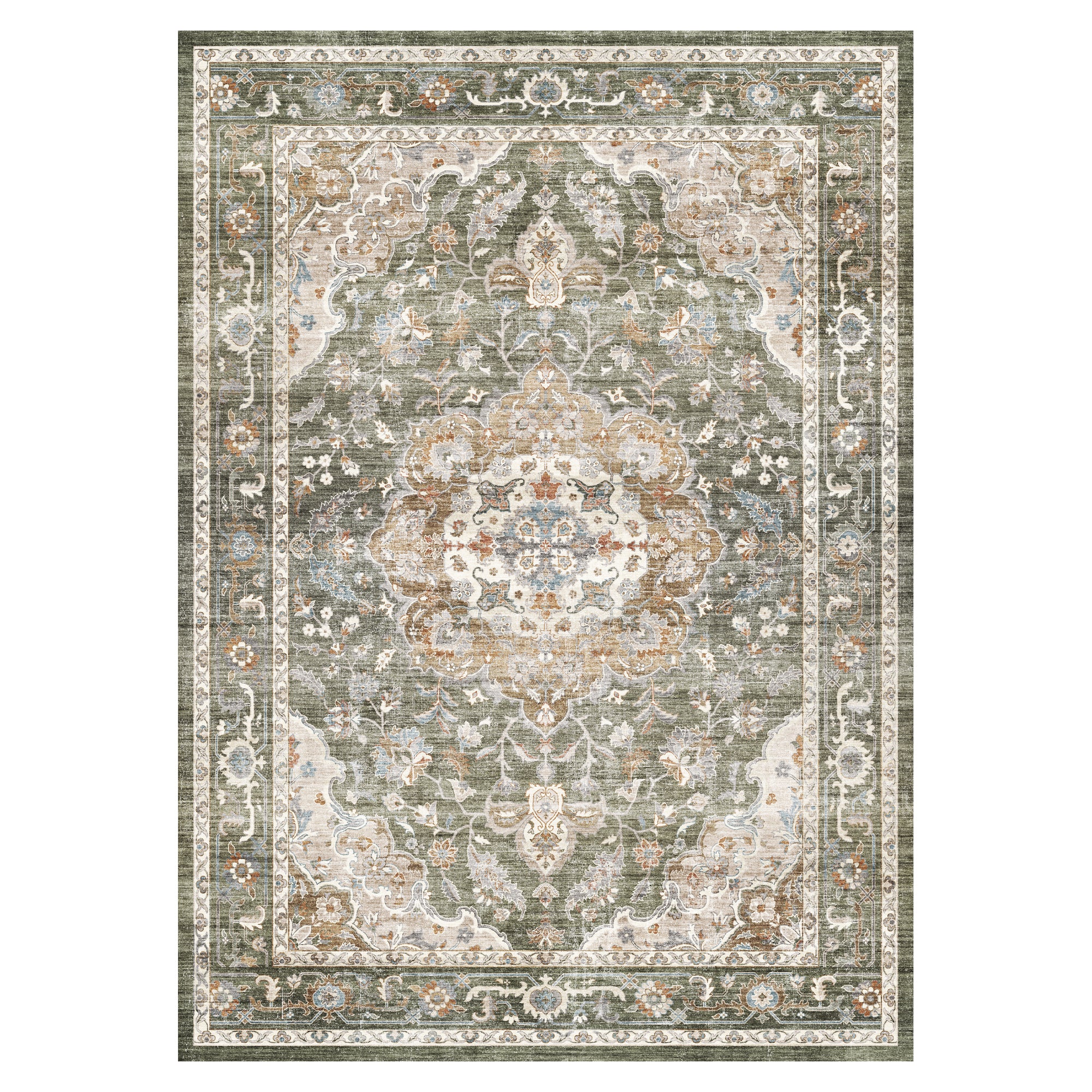 MontVoo Vintage Floral Medallion Washable Rug Green