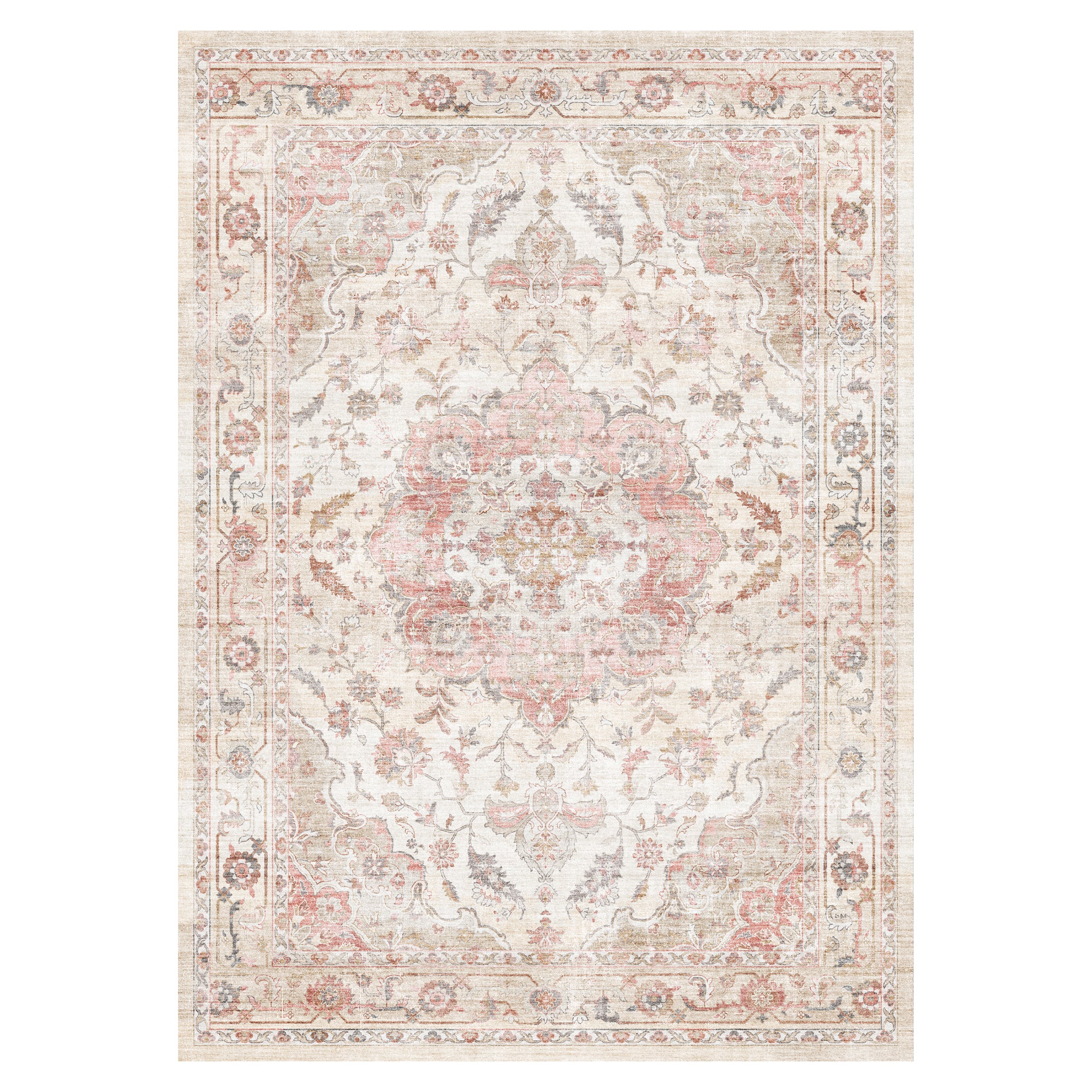 MontVoo Vintage Floral Medallion Washable Rug Pink