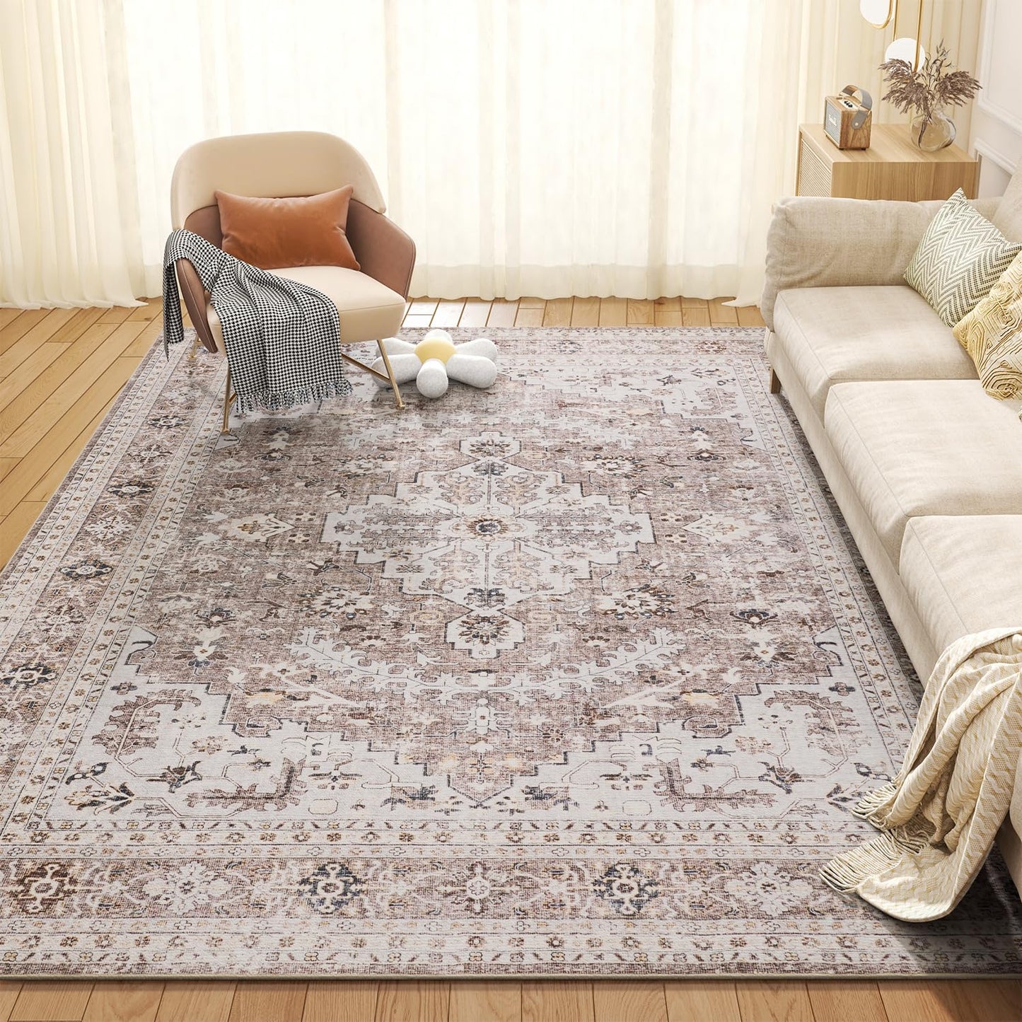 Washable Vintage Floral Carpet Soft Distressed Area Rug