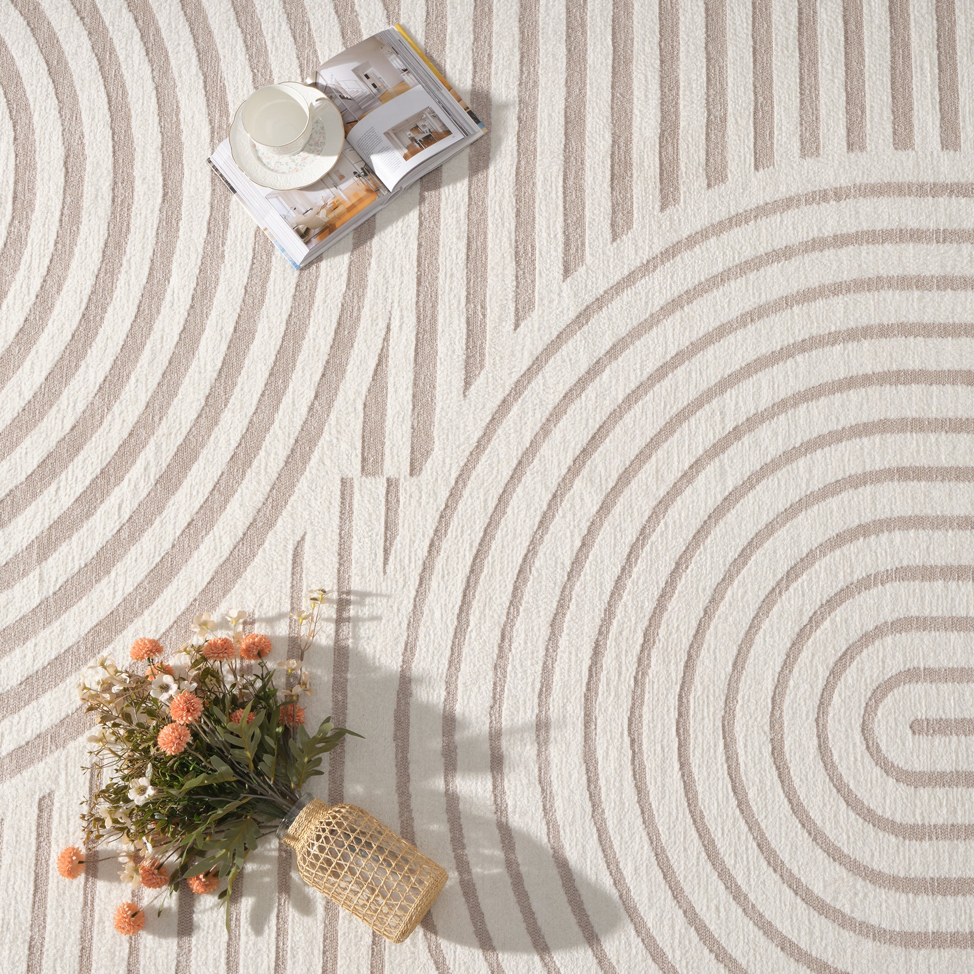 MontVoo Modern Geometric High-Low Beige Washable Area Rug