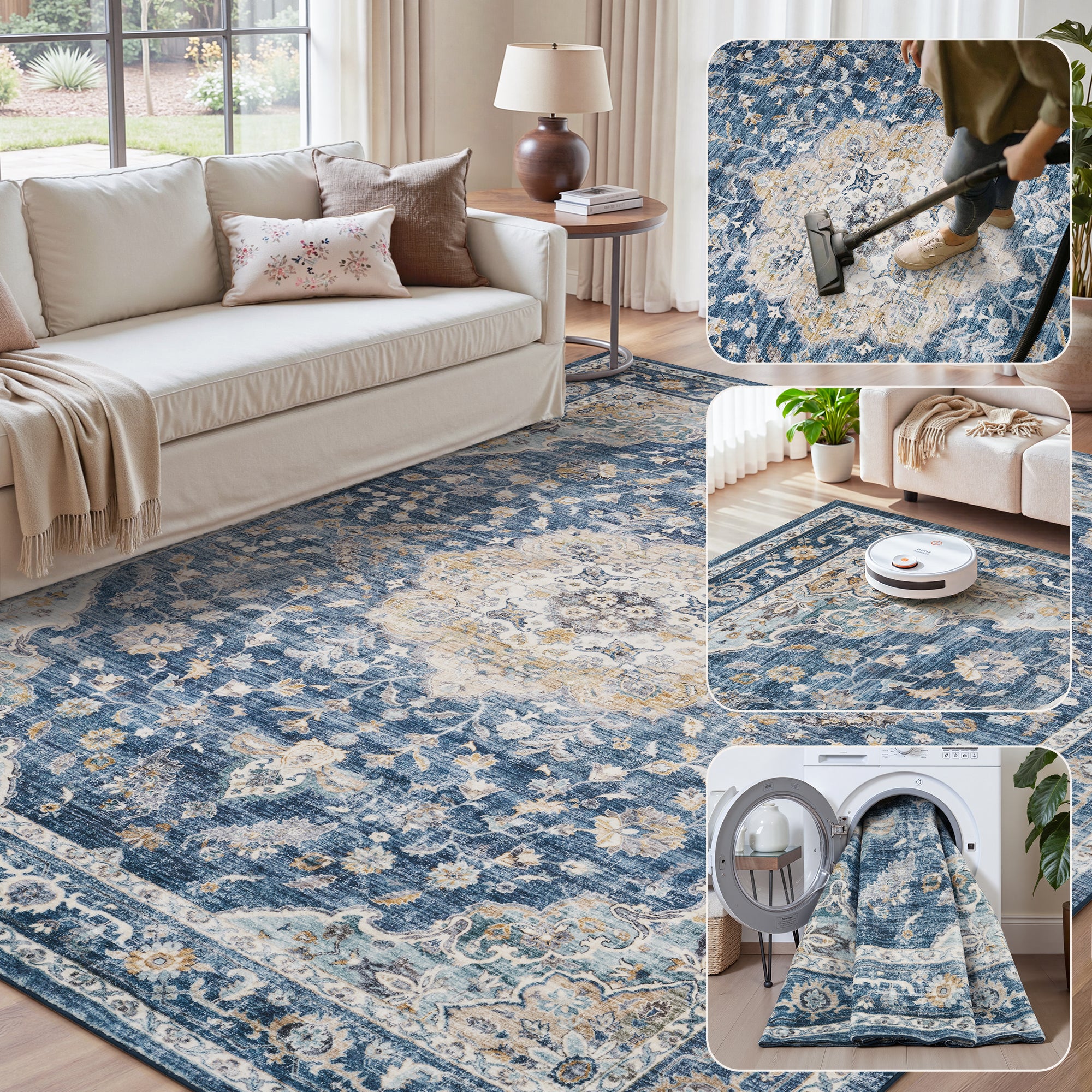 MontVoo Vintage Floral Medallion Washable Rug Blue