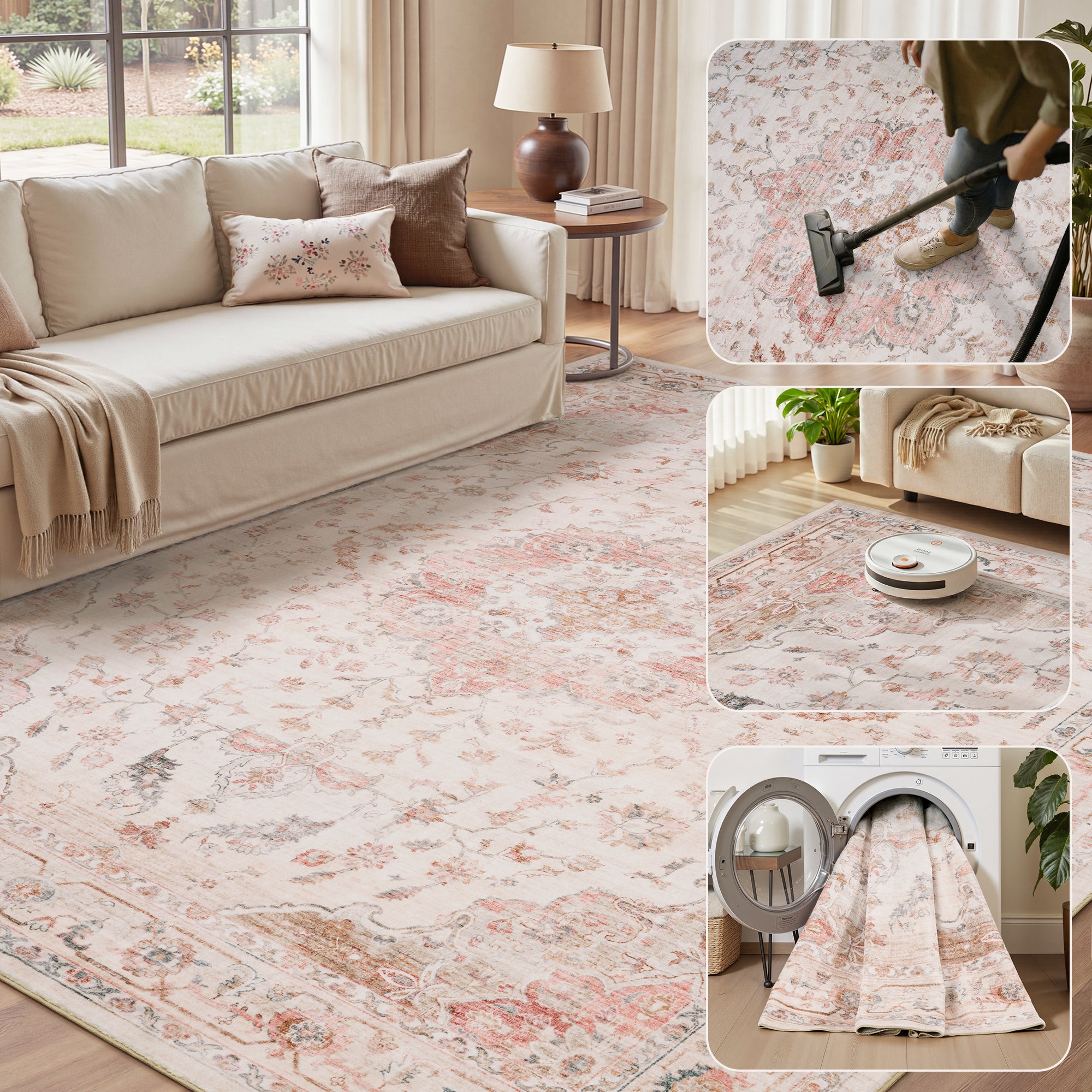 MontVoo Vintage Floral Medallion Washable Rug Pink