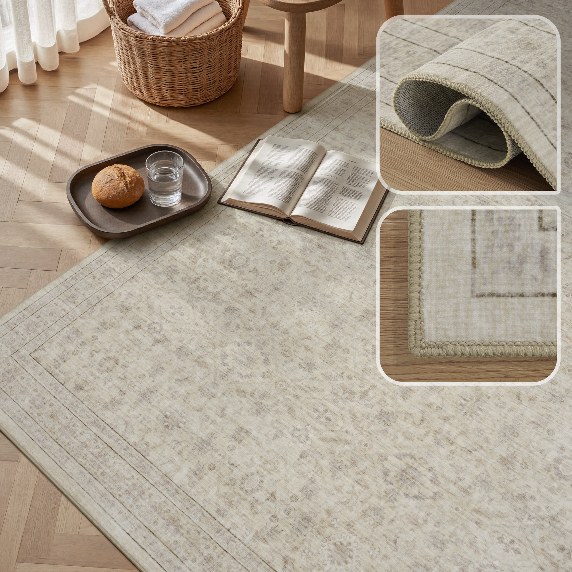 MontVoo Washable Non-Slip Vintage-Inspired Area Rug Beige