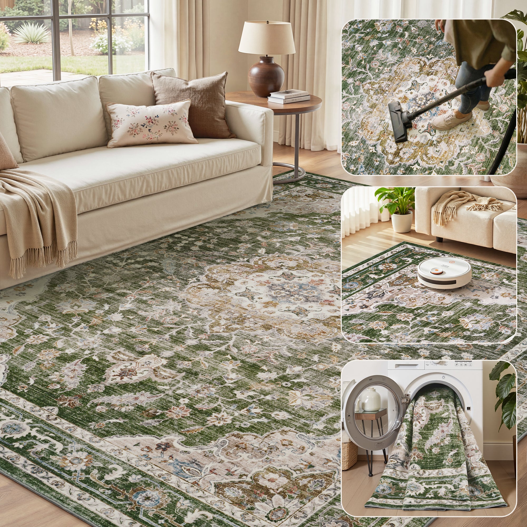 MontVoo Vintage Floral Medallion Washable Rug Green
