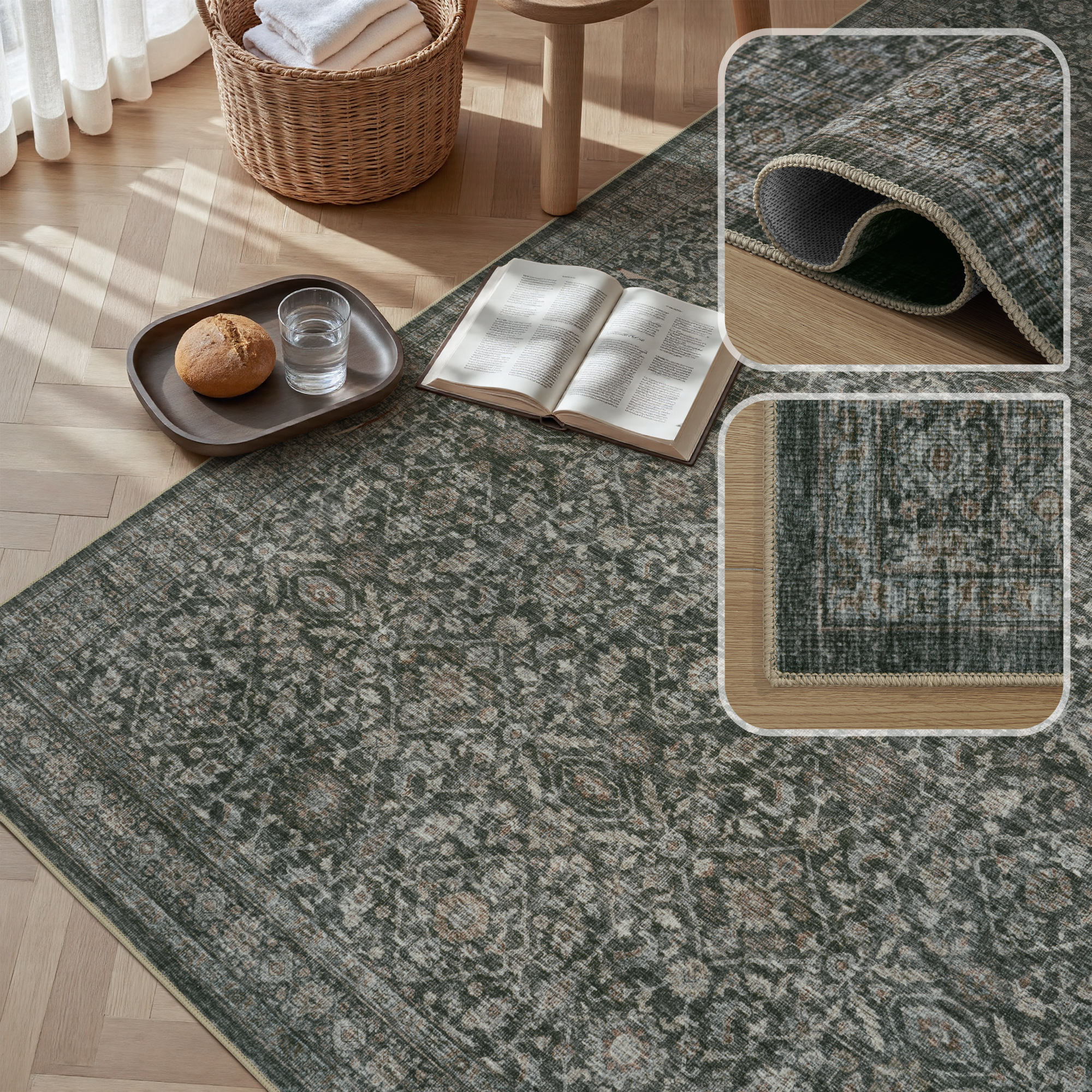 MontVoo Washable Non-Slip Vintage-Inspired Area Rug Green