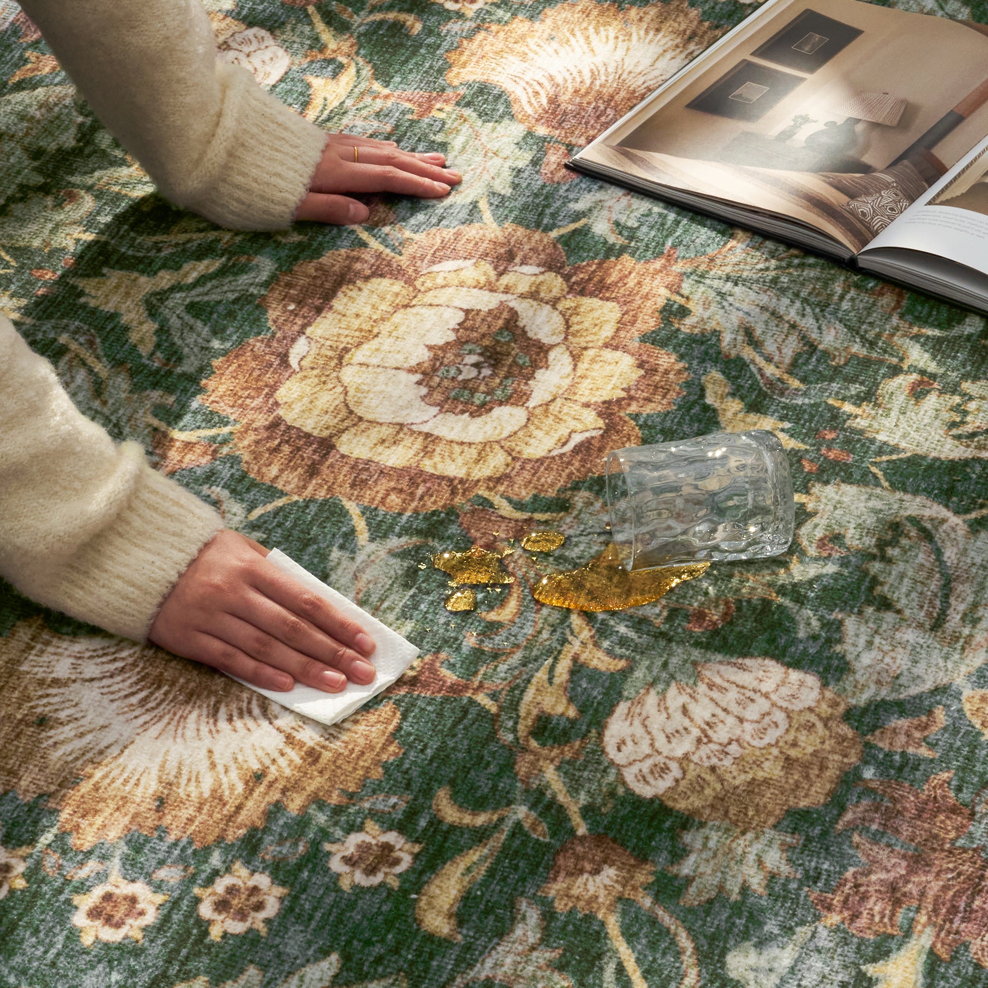 MontVoo Vintage Floral Washable Rug Green
