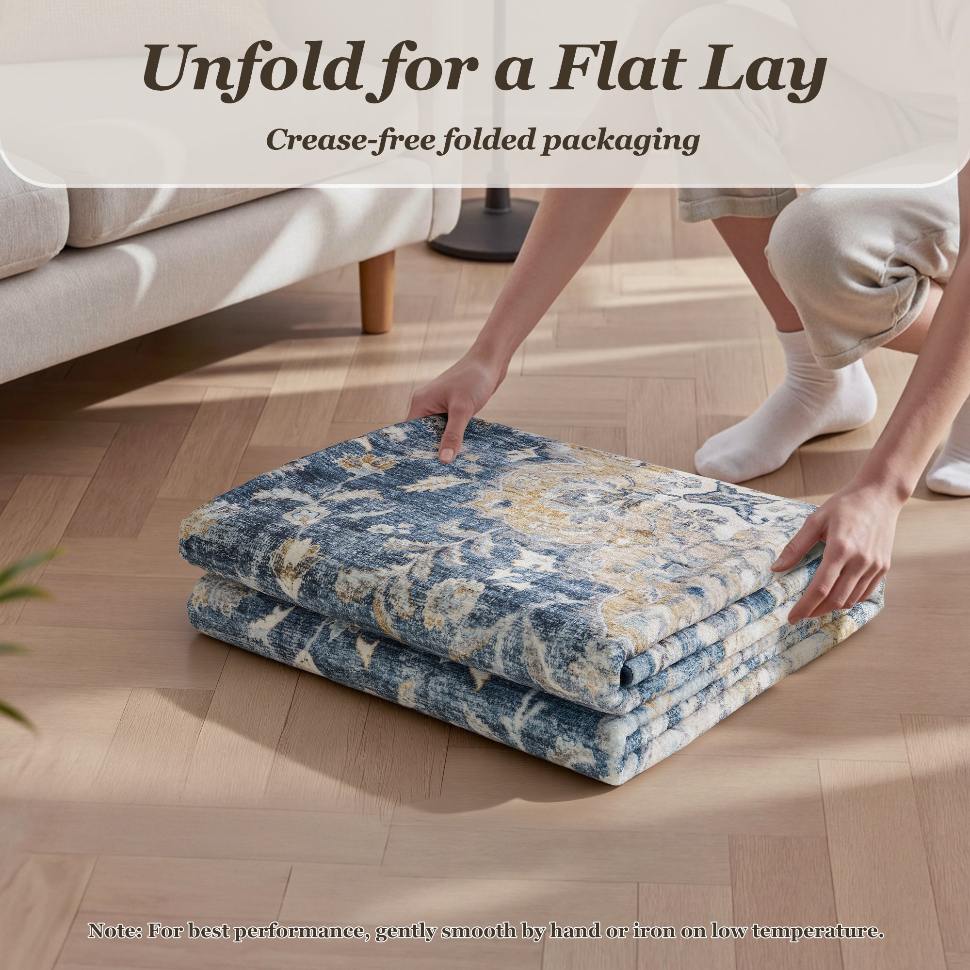 MontVoo Vintage Floral Medallion Washable Rug Blue