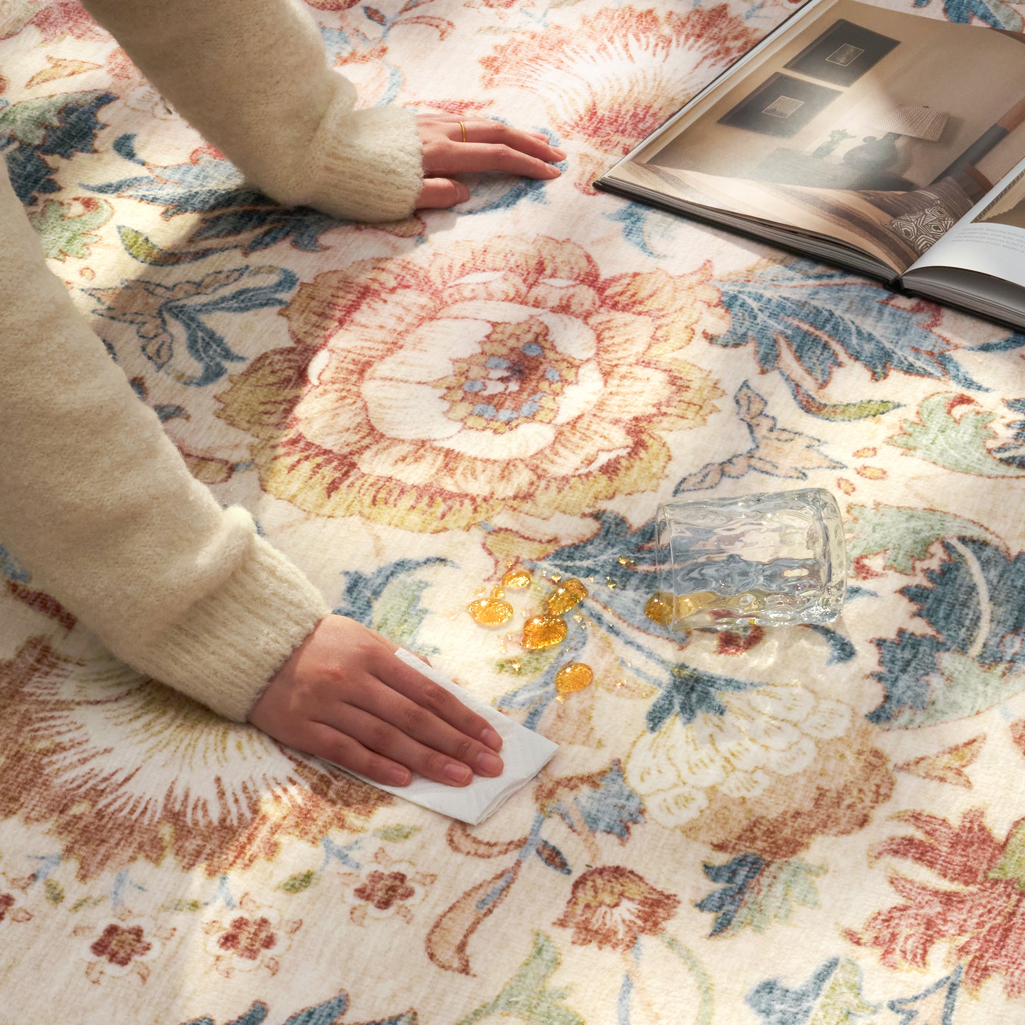 MontVoo Vintage Floral Washable Rug Orange