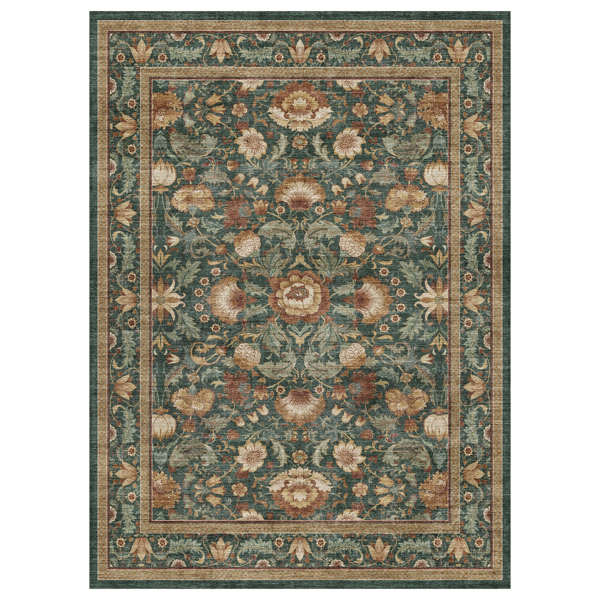 MontVoo Vintage Floral Washable Rug Green