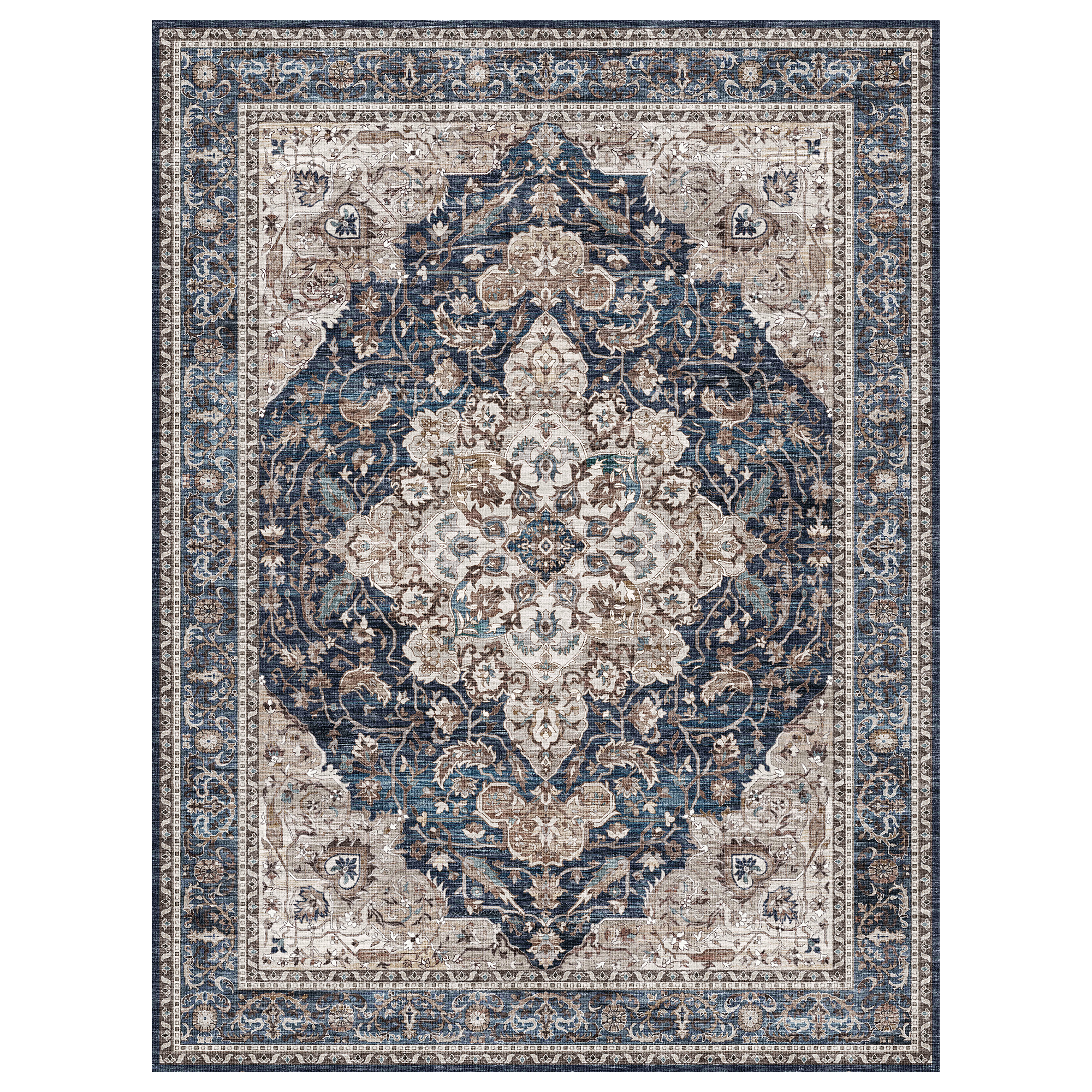 MontVoo Vintage Medallion Non-Slip Washable Rug Blue
