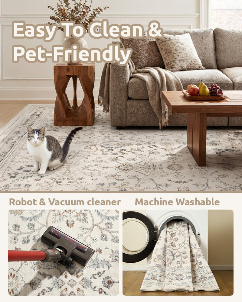 Aster washable area rug in beige, easy to clean and pet-friendly with machine washable material