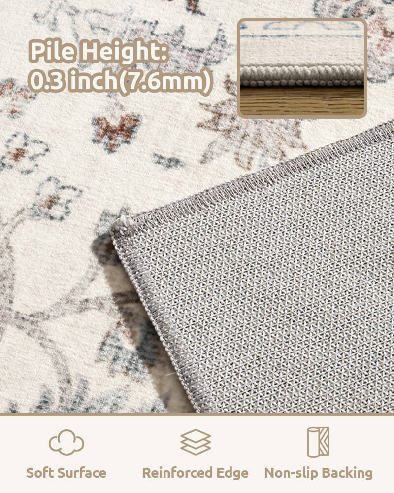 Aster washable area rug in beige with ultra thin material, non-slip back and reinforced edge