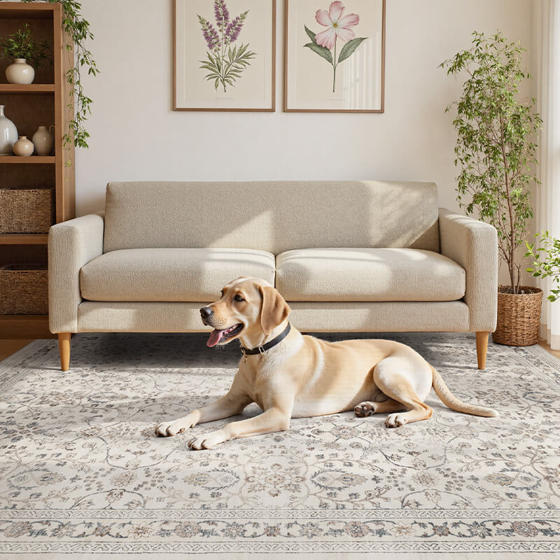 Pet-safe boho area rug with gentle texture and stable non-slip support