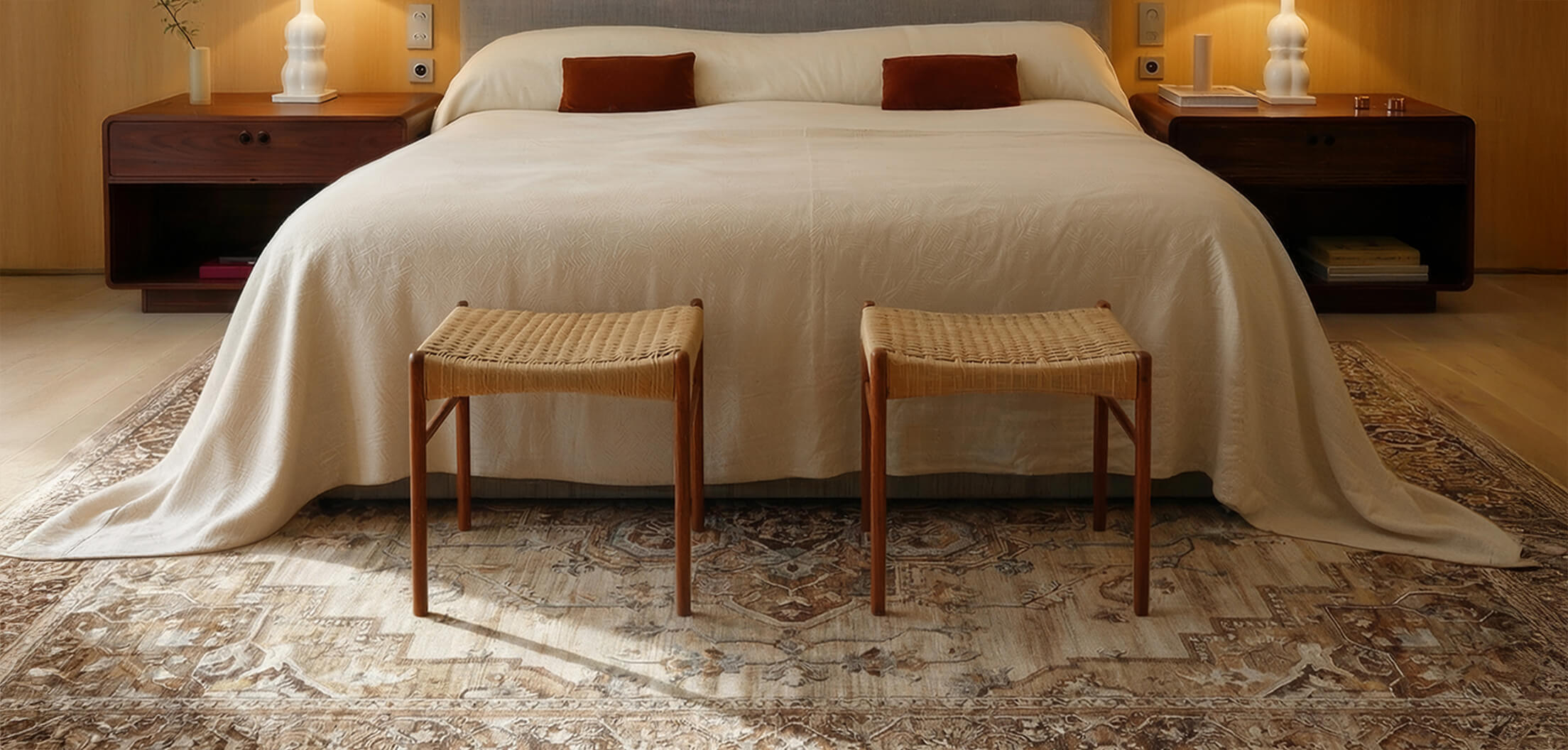 a cozy bedroom transformed by a Montvoo washable area rug under the bed.