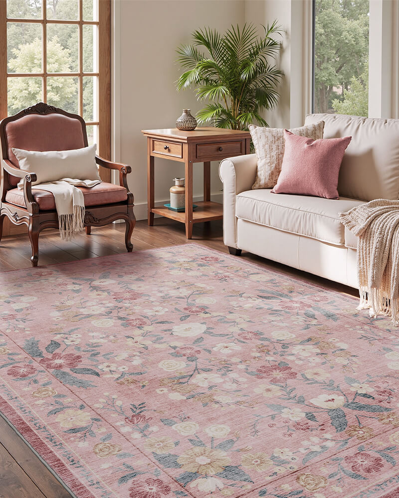 Vintage-inspired area rug designed for high-traffic living spaces