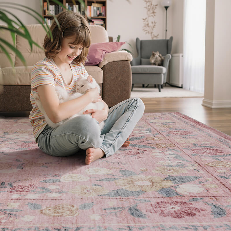 Vintage style rug designed to stay flat and easy to clean