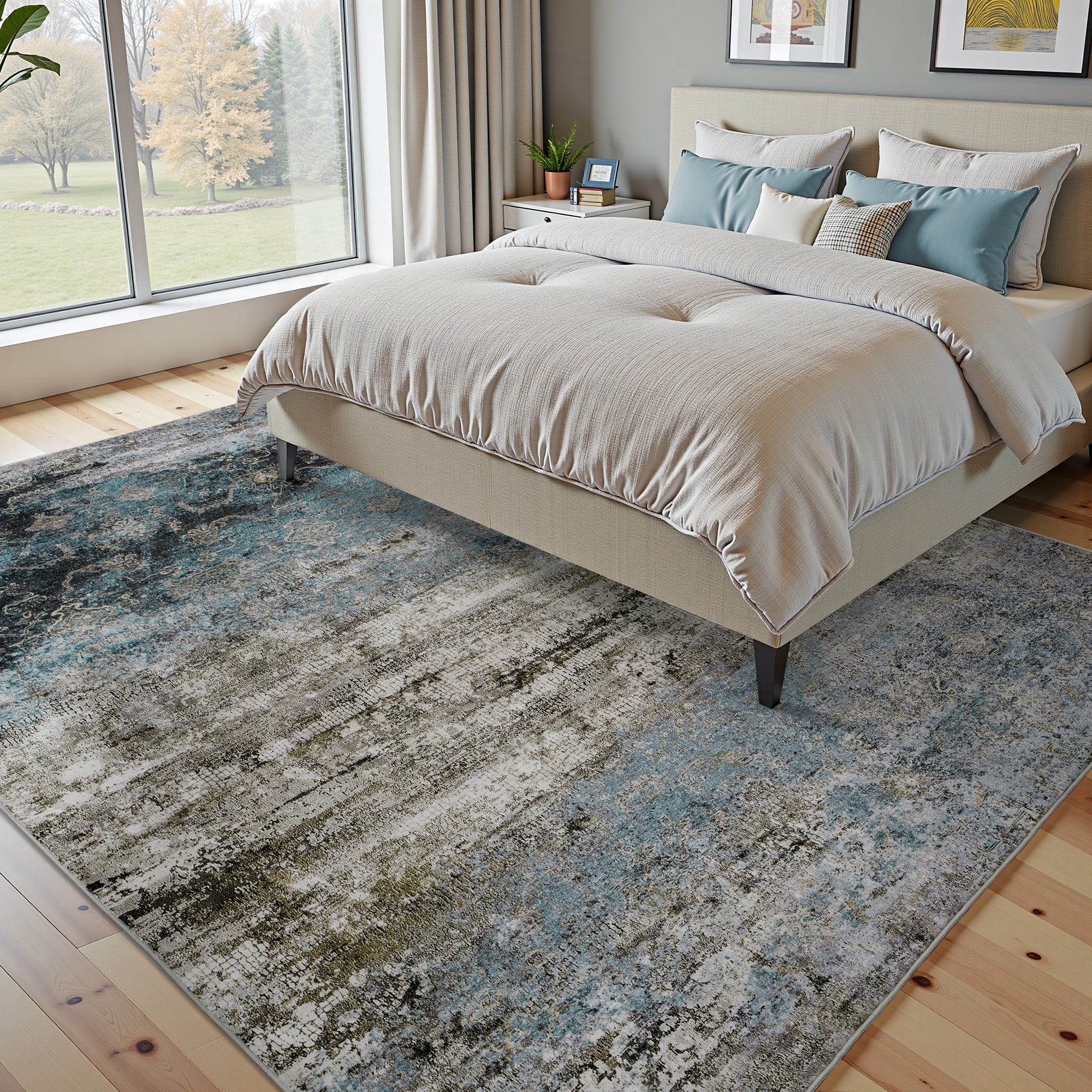 MontVoo Teal Abstract Pattern Washable Rug