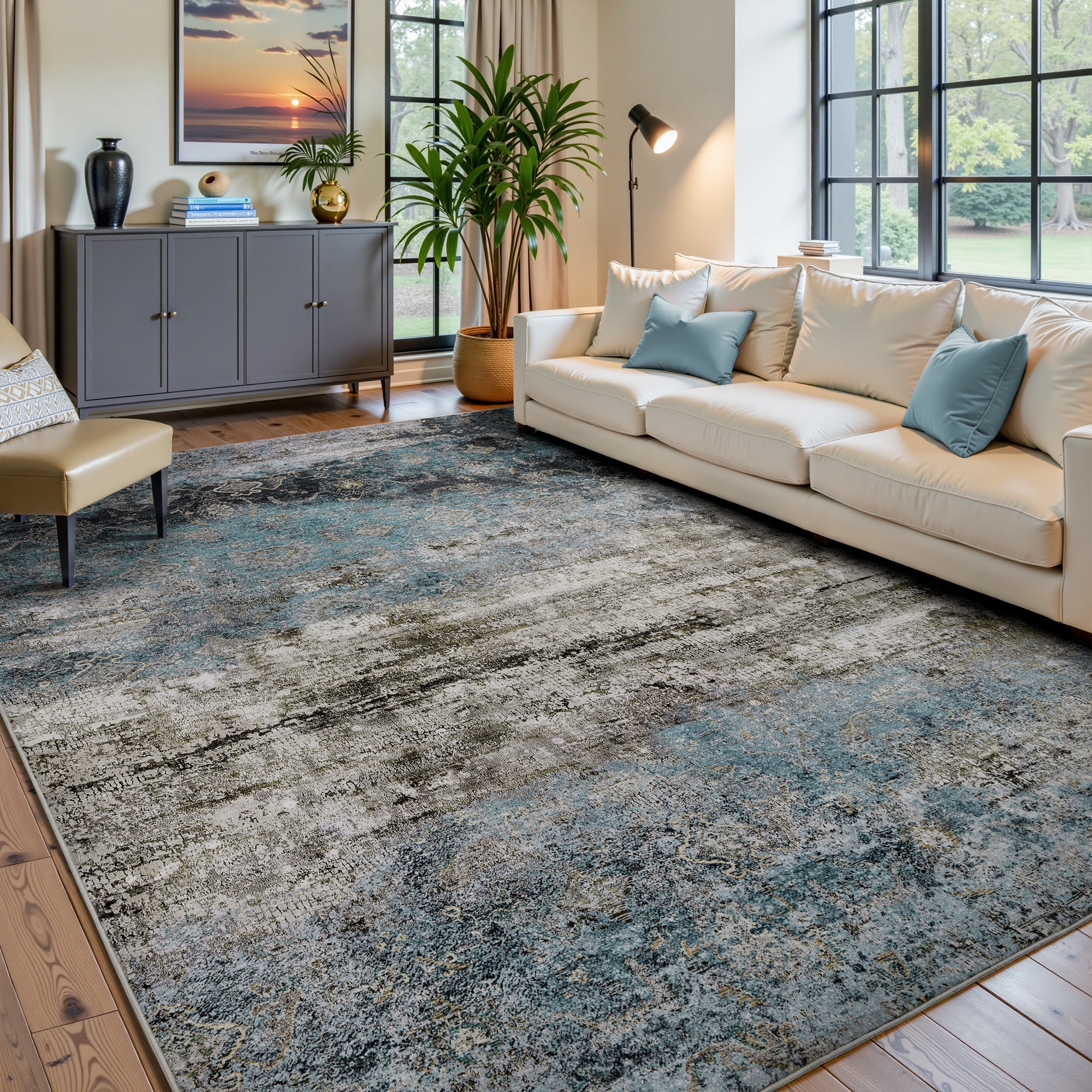 MontVoo Teal Abstract Pattern Washable Rug