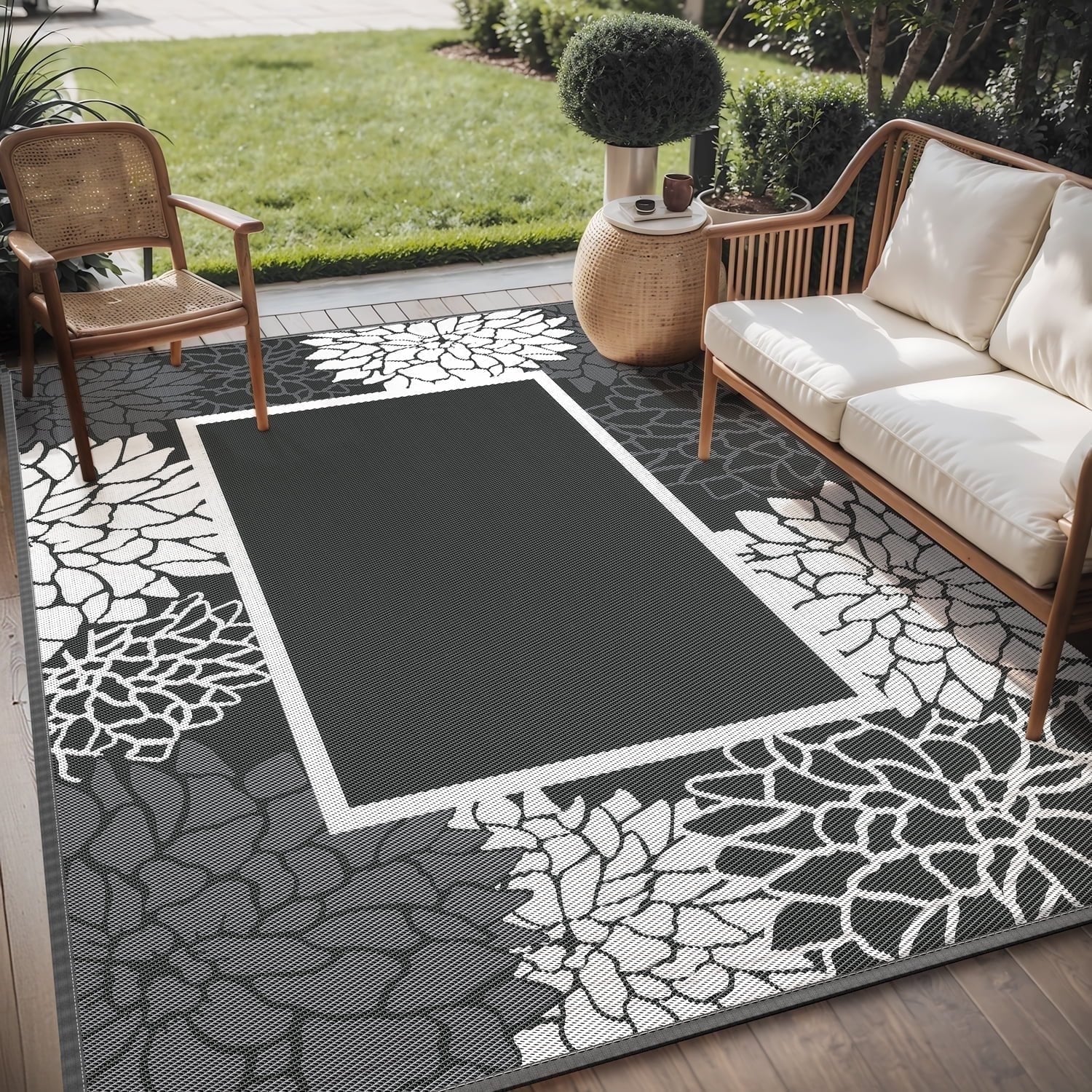 SIXHOME Floral Border Outdoor Rug