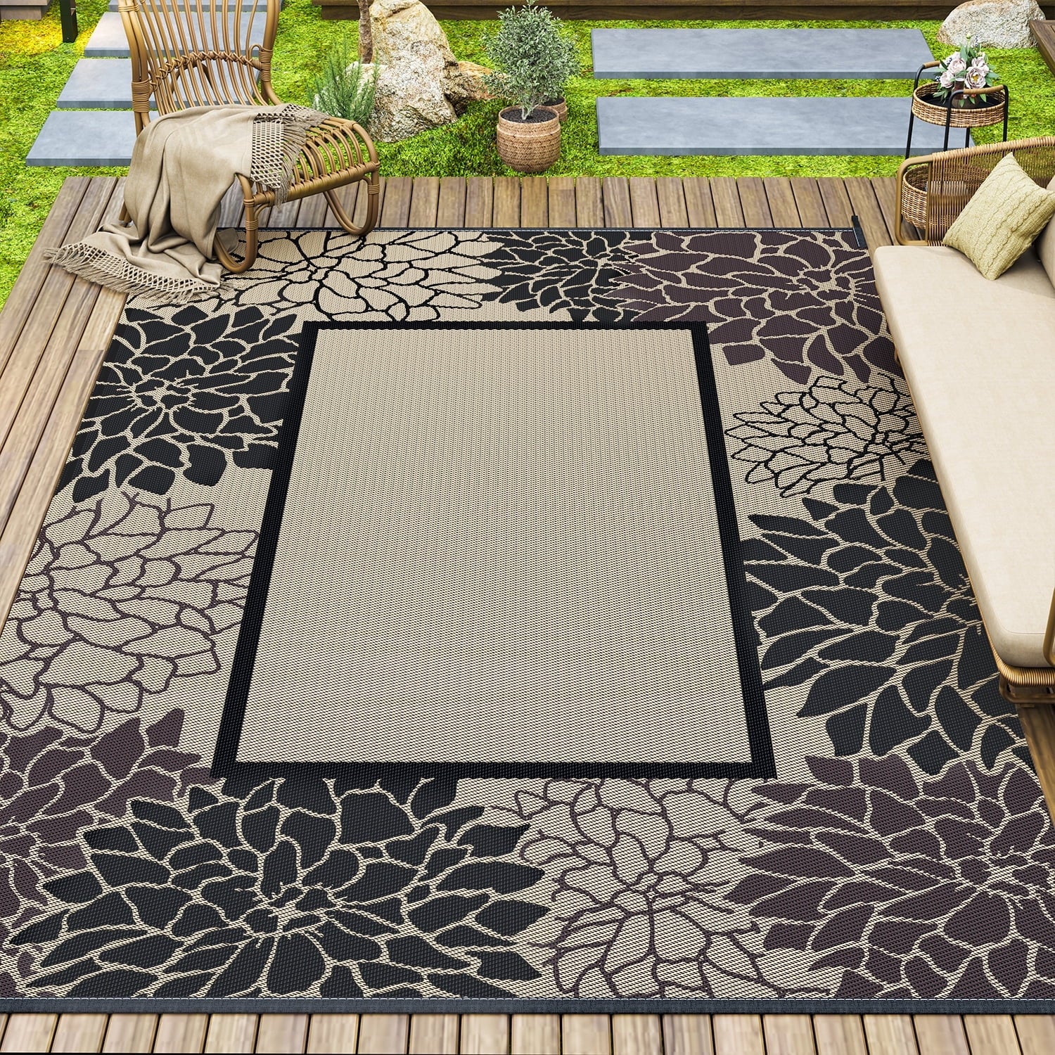 SIXHOME Floral Border Outdoor Rug