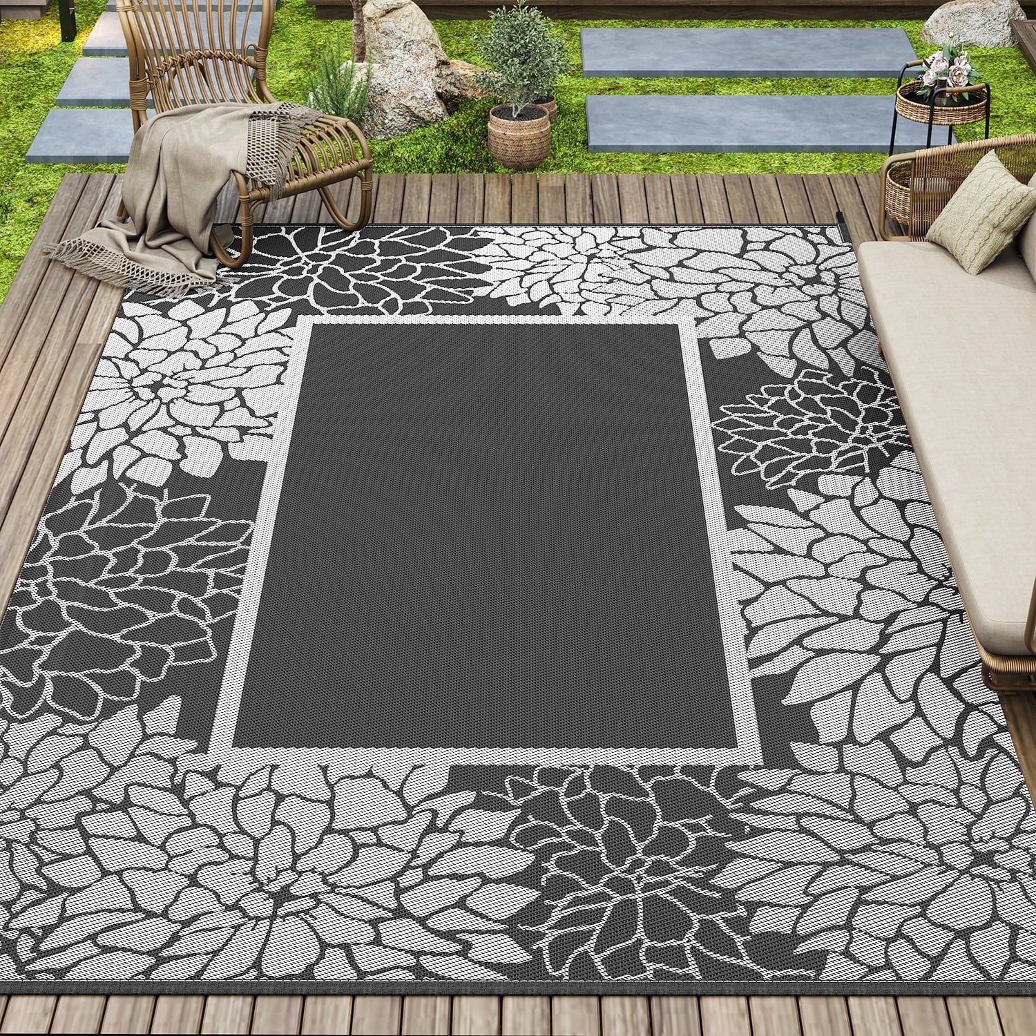 SIXHOME Floral Border Outdoor Rug