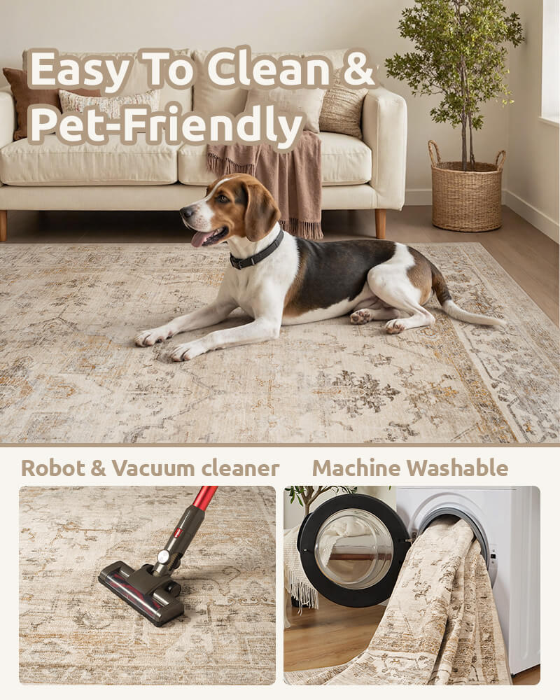 Selene washable area rug, pet-friendly and easy to clean material.