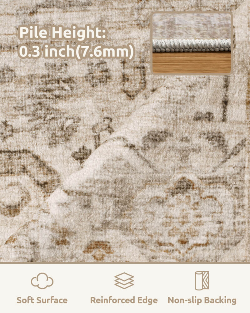 Selene washable area rug ultra thin with reinforced edge and non-slip back.