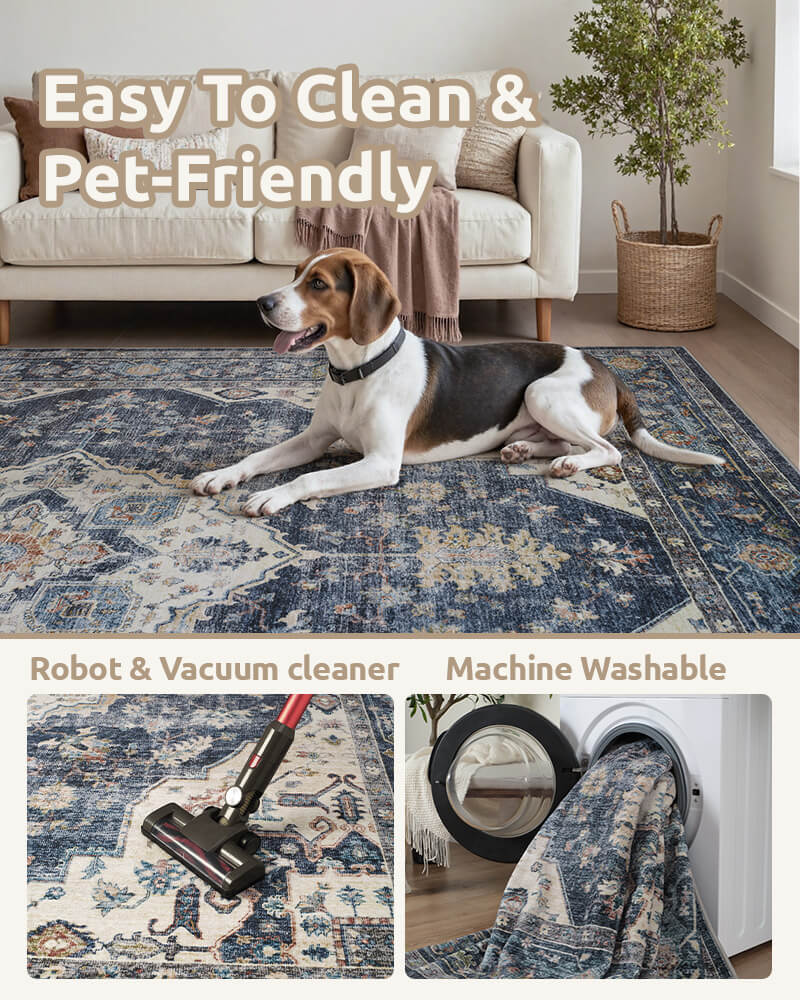 Selene washable area rug easy to clean and pet-friendly, machine washable and easy clean.