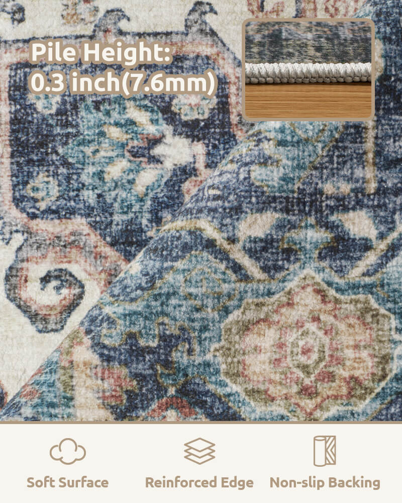 Selene washable area rug in blue super thin and soft with reinforced edge and non-slip back.