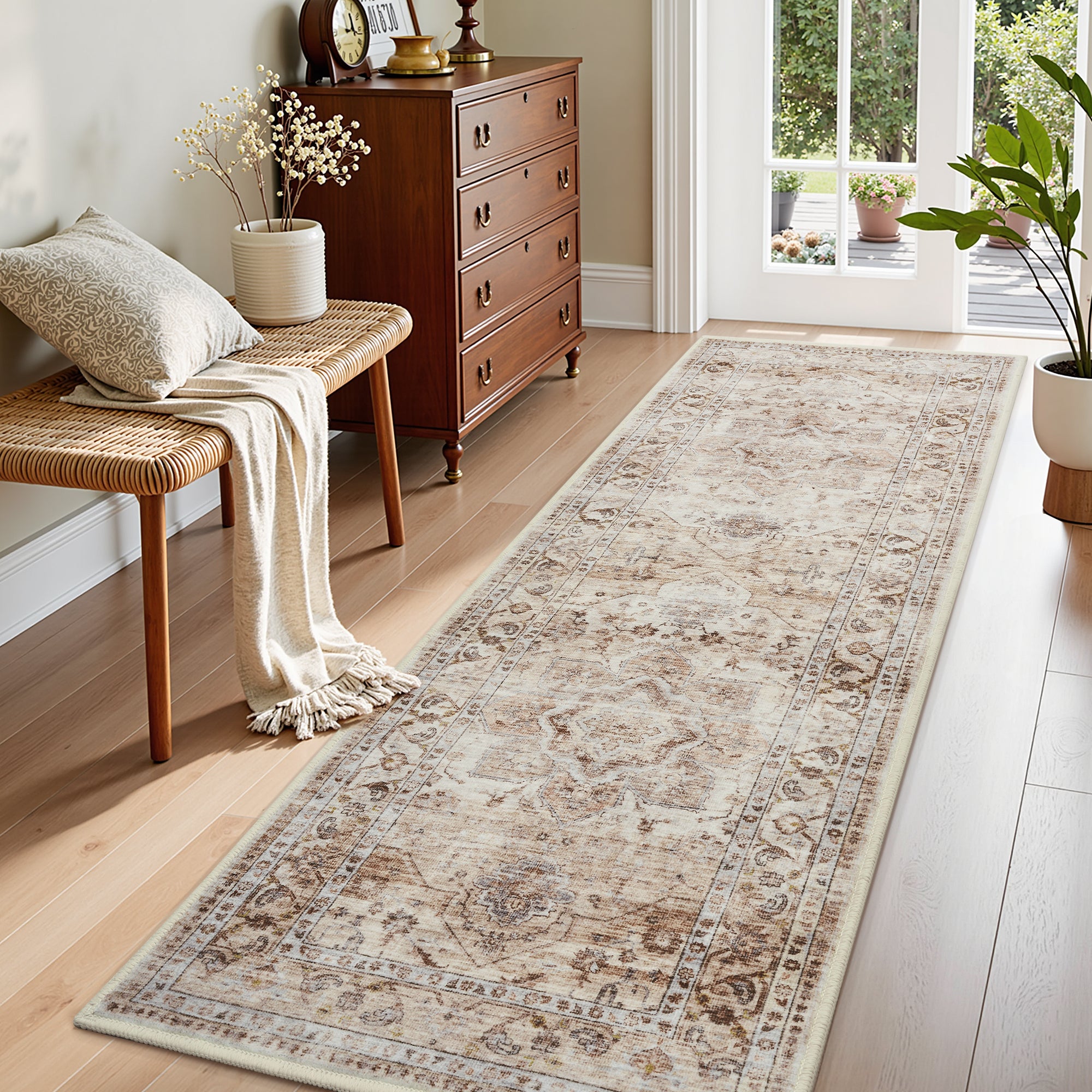 MontVoo Beige Oriental Washable Area Rug