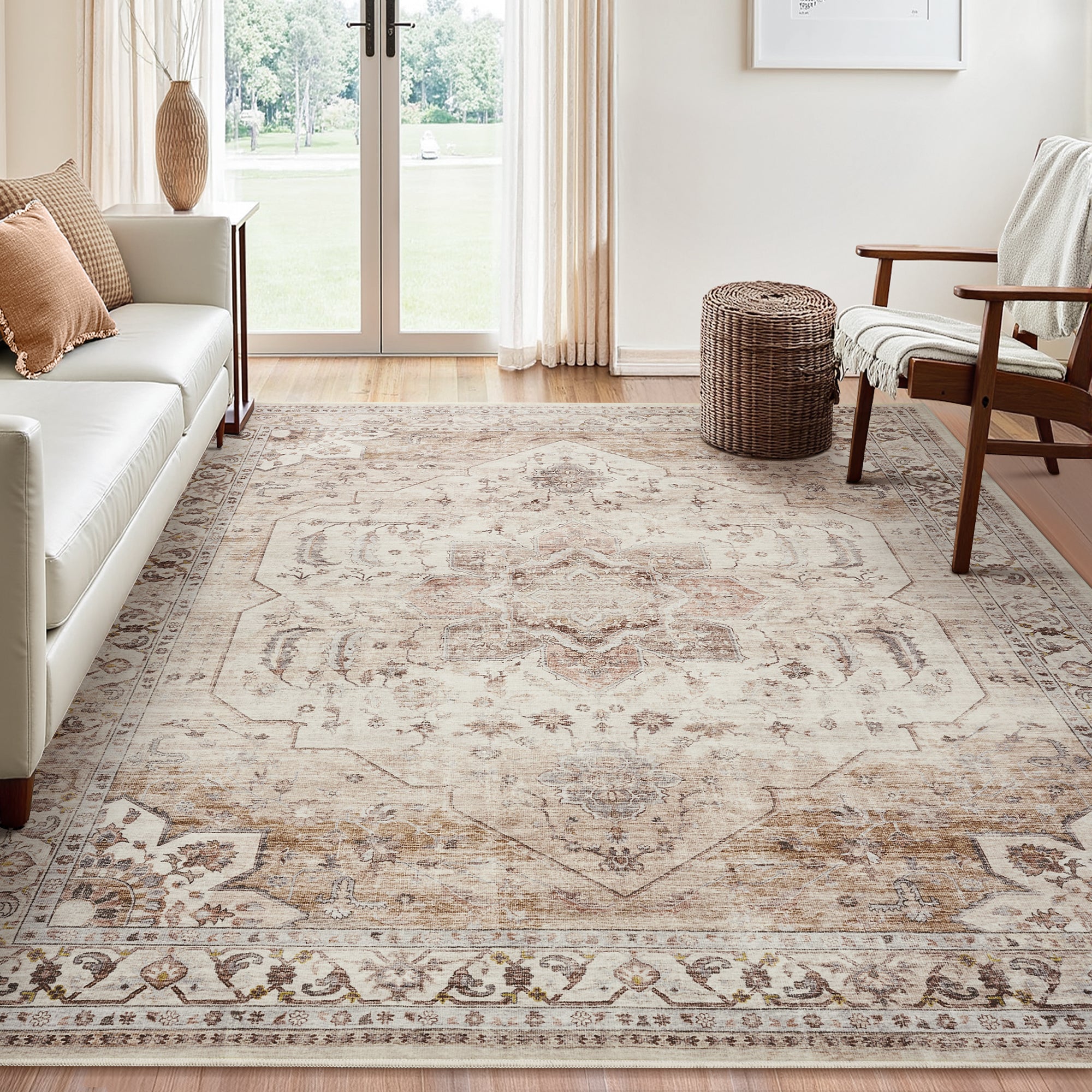 MontVoo Beige Oriental Washable Area Rug