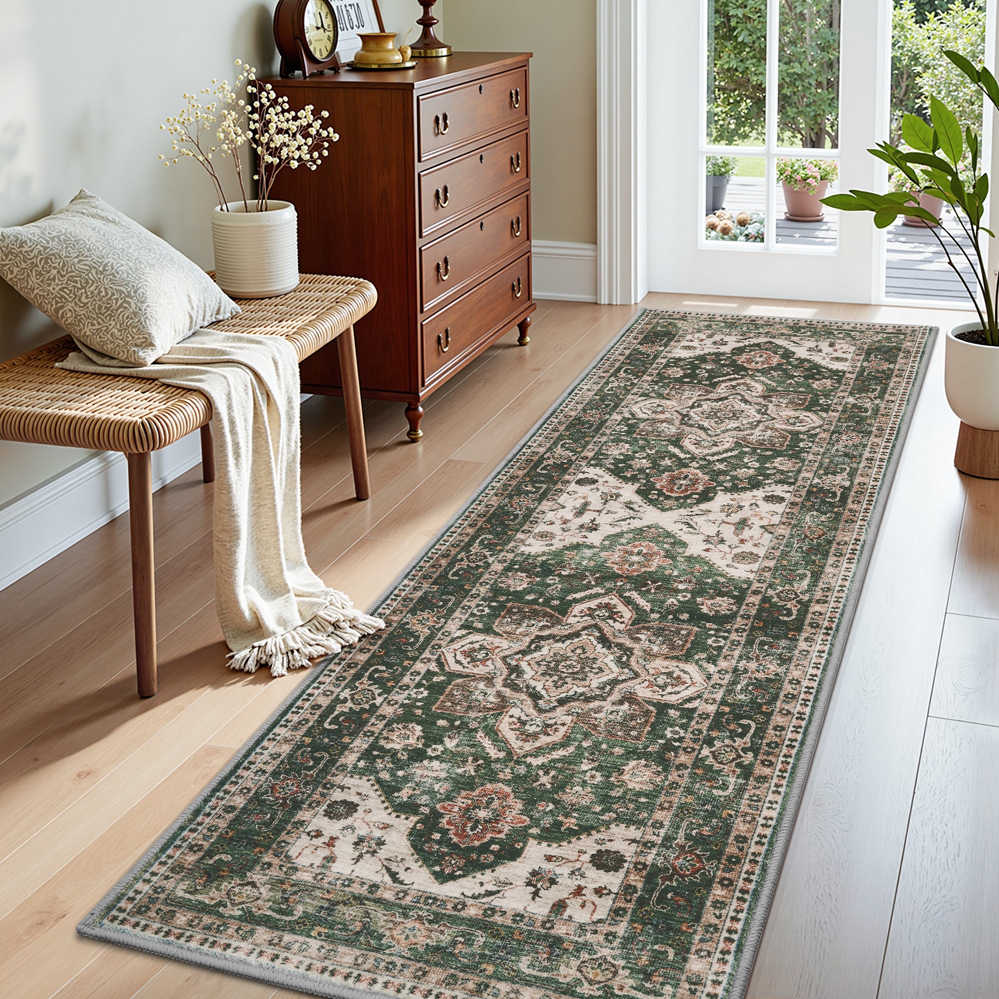 MontVoo Green Oriental Washable Area Rug