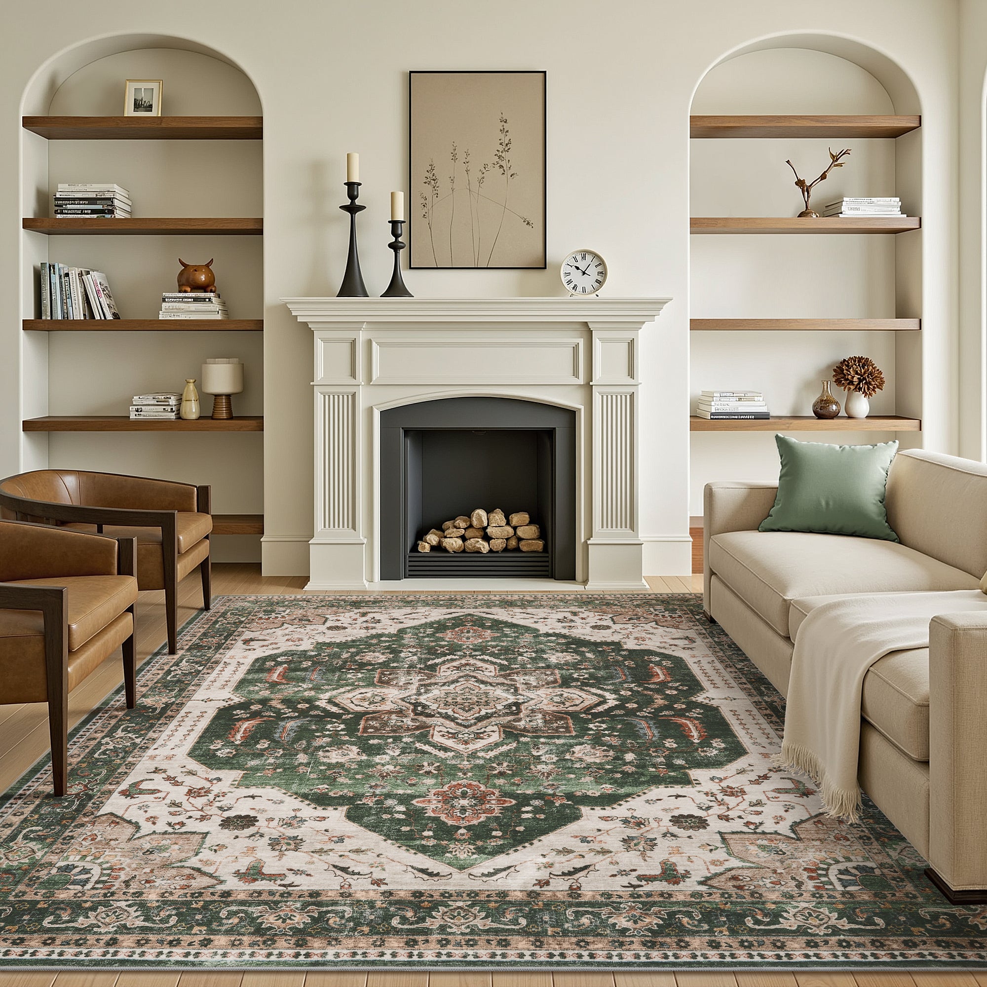 MontVoo Green Oriental Washable Area Rug