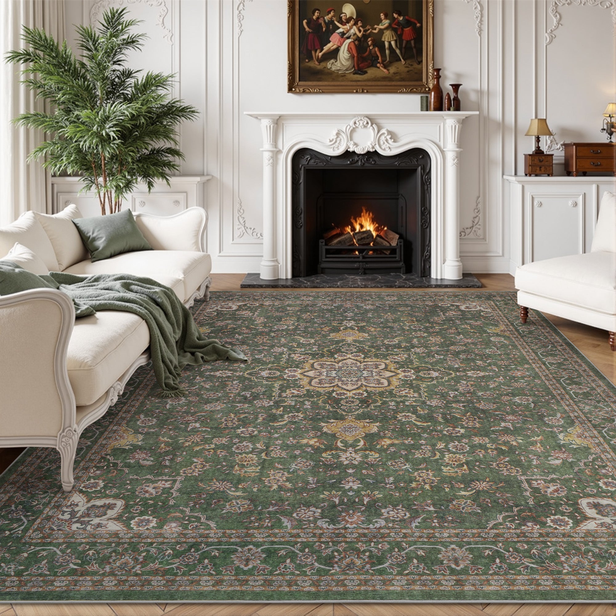 Alfombra lavable con diseño floral verde bosque de MontVoo