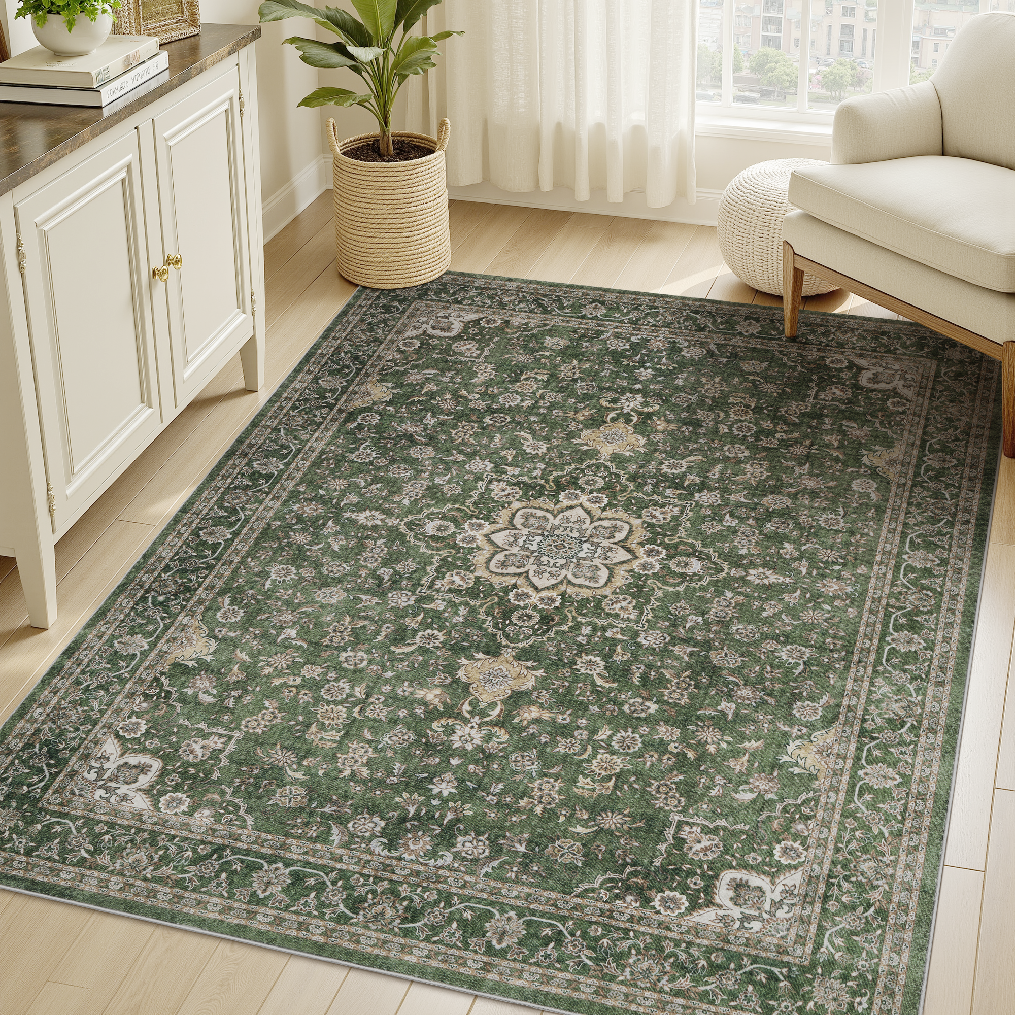 Alfombra lavable con diseño floral verde bosque de MontVoo