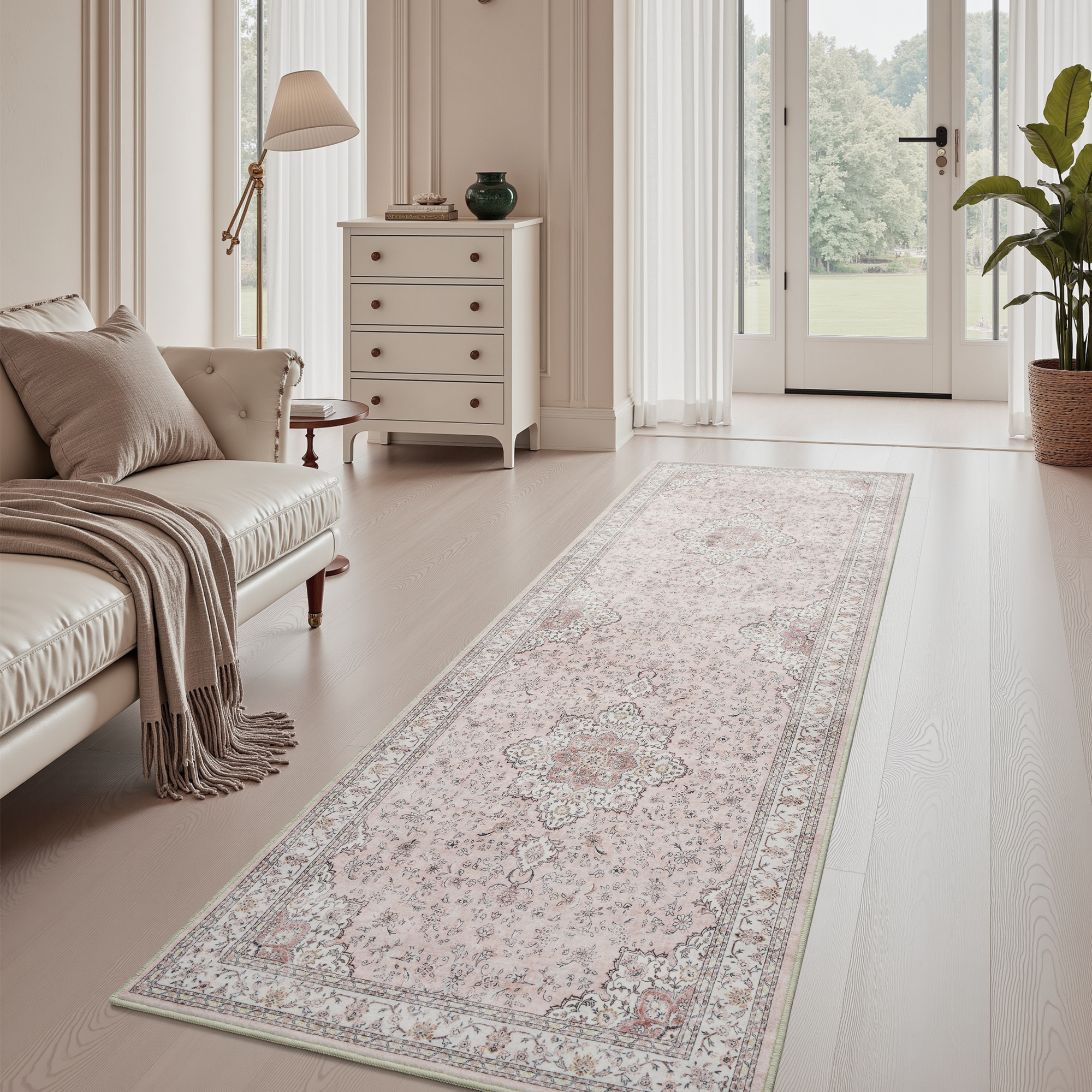Alfombra lavable con diseño floral rosa de MontVoo
